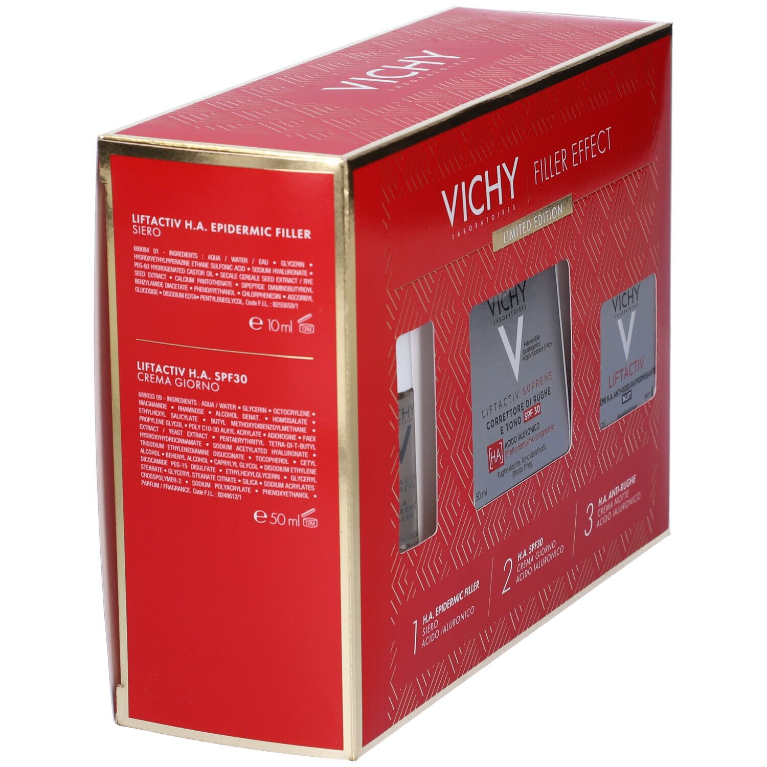 Confezione regalo rossa Vichy con testo e informazioni sui prodotti. Contiene siero, crema e crema occhi. Vista laterale.