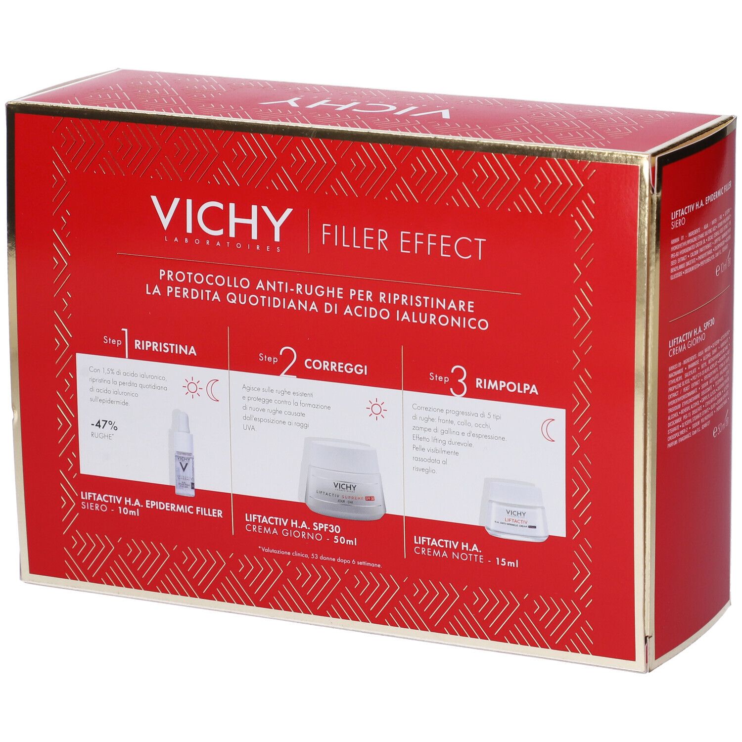 Confezione regalo rossa Vichy con testo e informazioni sui prodotti. Contiene siero, crema e crema occhi. Vista posteriore.