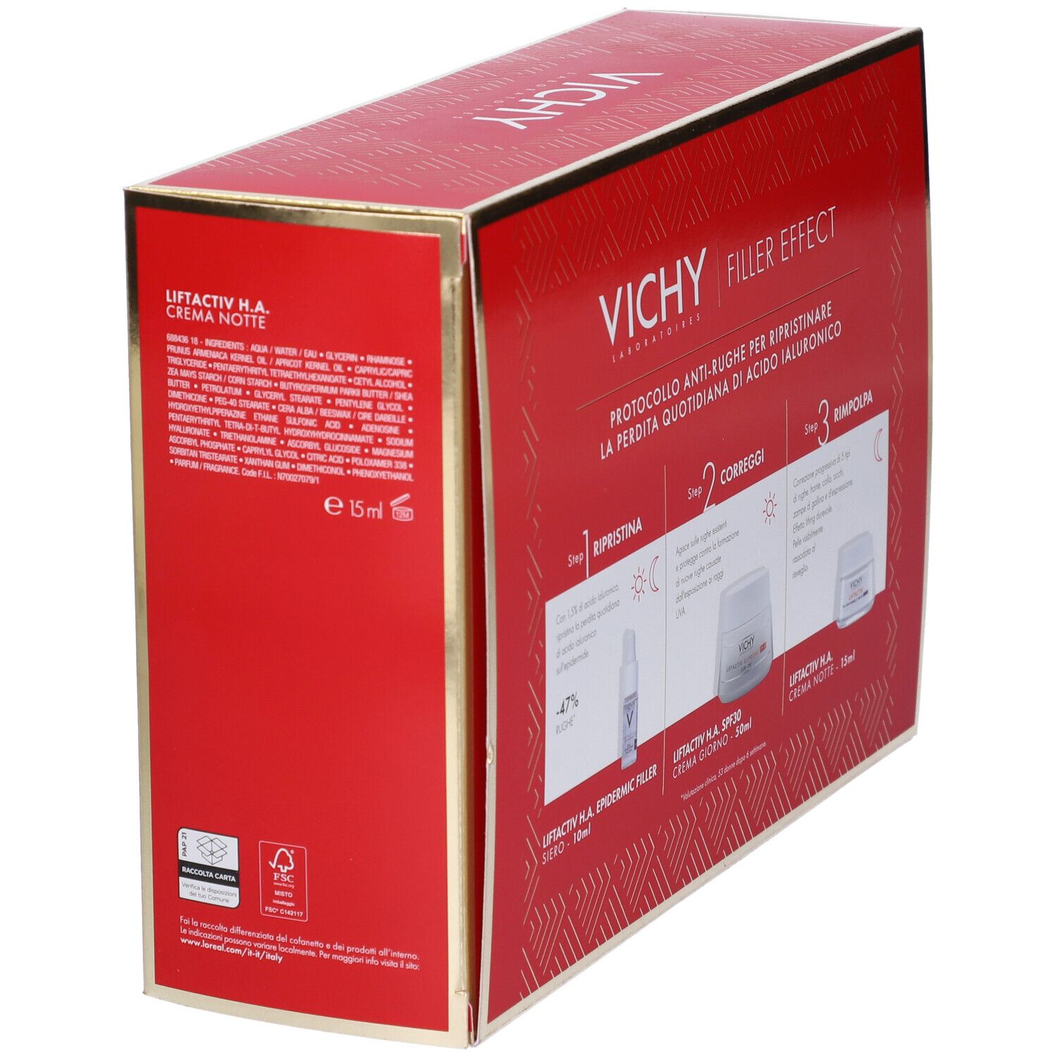 Confezione regalo rossa Vichy con testo e informazioni sui prodotti. Contiene siero, crema e crema occhi. Vista laterale.