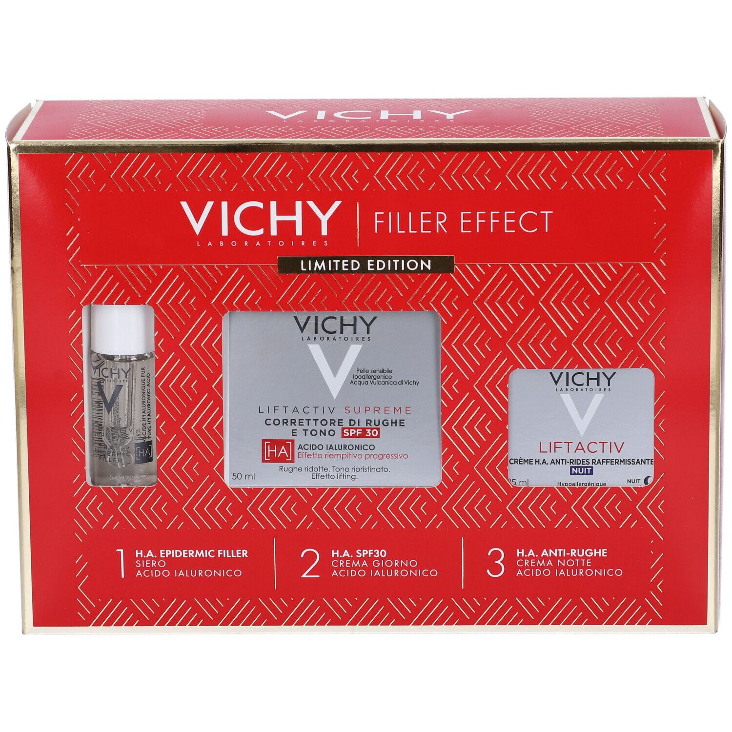 Confezione regalo rossa Vichy con tre prodotti. Scritta: Vichy, Filler Effect, Edizione Limitata. Contiene siero, crema, crema occhi.