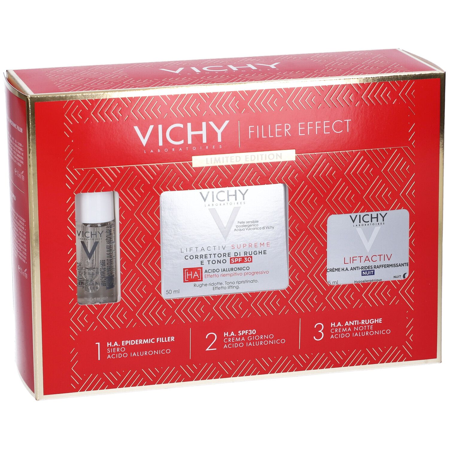 Confezione regalo rossa Vichy con tre prodotti. Scritta: Vichy, Filler Effect, Edizione Limitata. Contiene siero, crema, crema occhi.