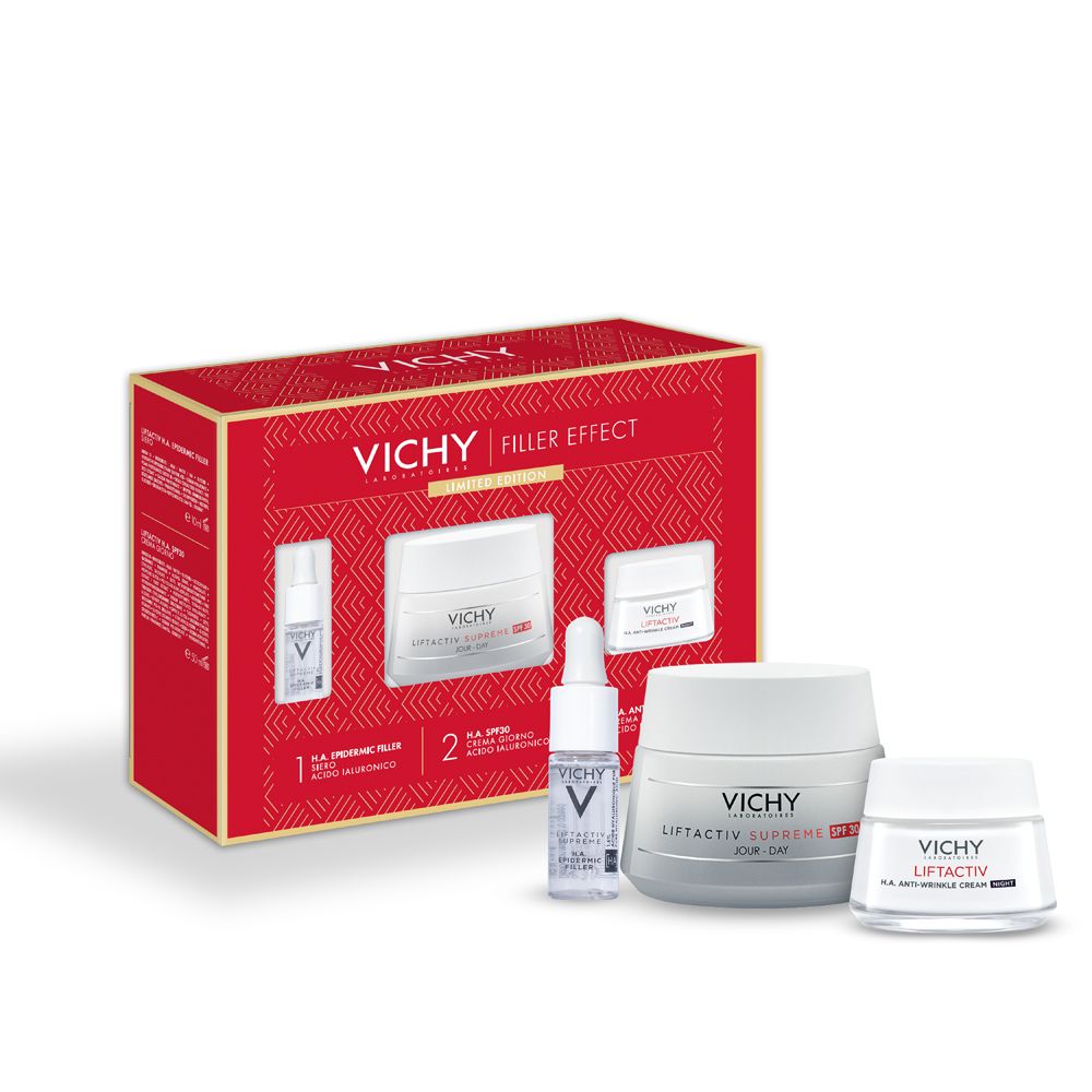 Confezione regalo Vichy con tre prodotti. Contiene siero, crema e crema occhi. Prodotti fuori dalla confezione.