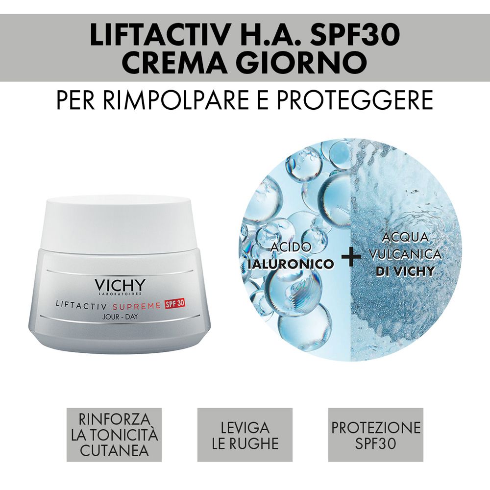 Vaso di crema con scritta Liftactiv Supreme. Testo: H.A. SPF30 Crema Giorno. Grafica con acqua e ingredienti.
