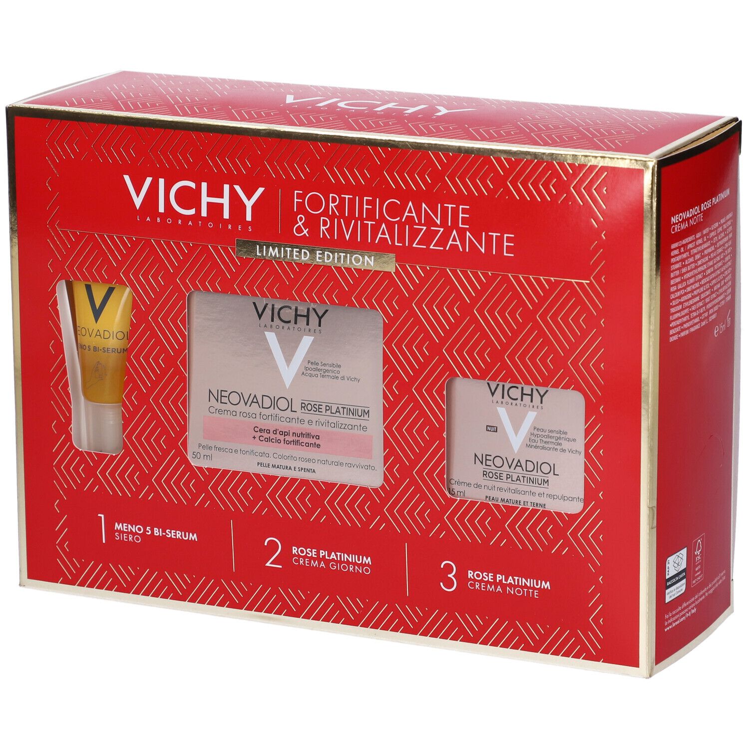 Confezione regalo rossa Vichy con siero, crema giorno e notte. Testo: Fortificante & Rivitalizzante. Edizione limitata.