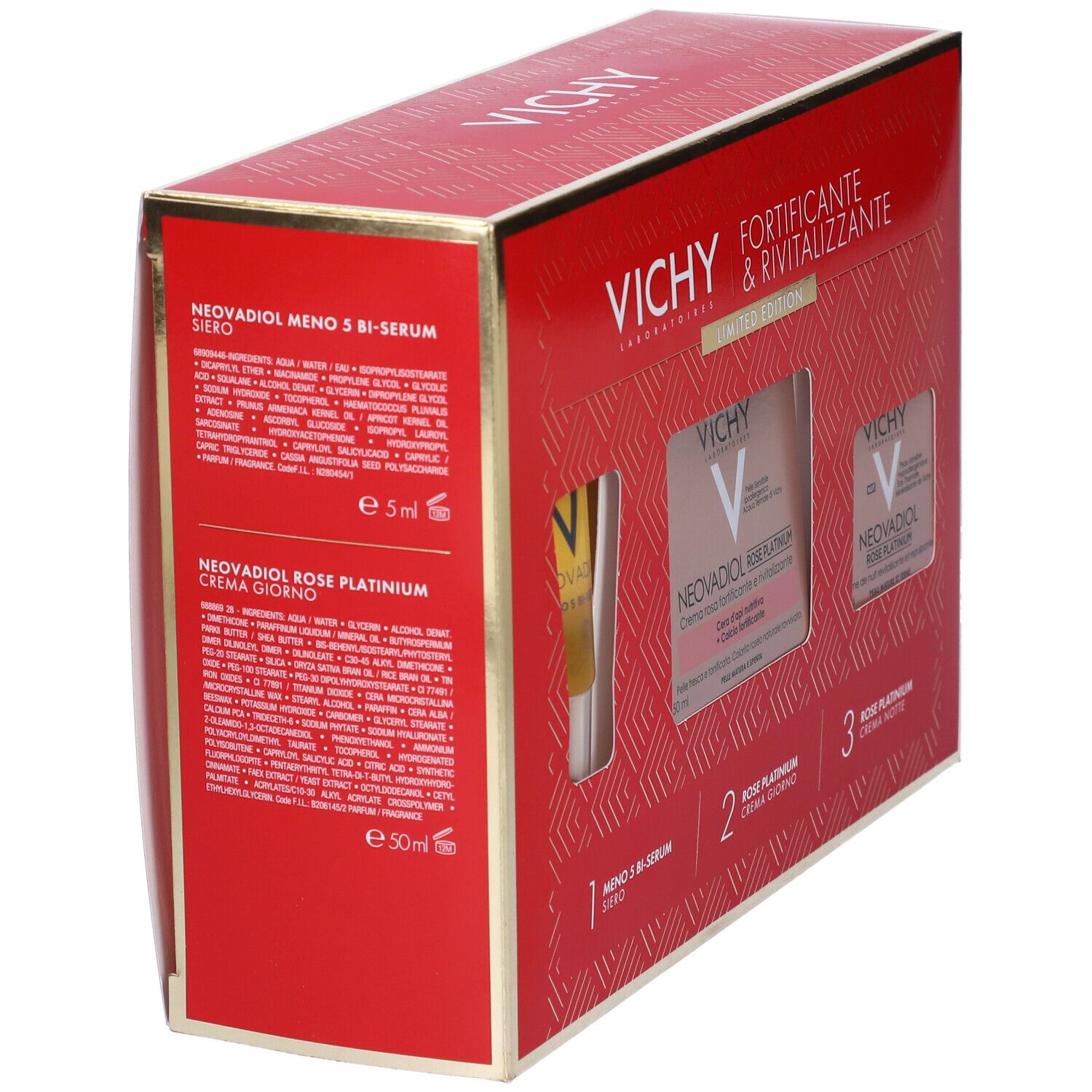 Confezione regalo rossa Vichy. Retro con informazioni sui prodotti e ingredienti.
