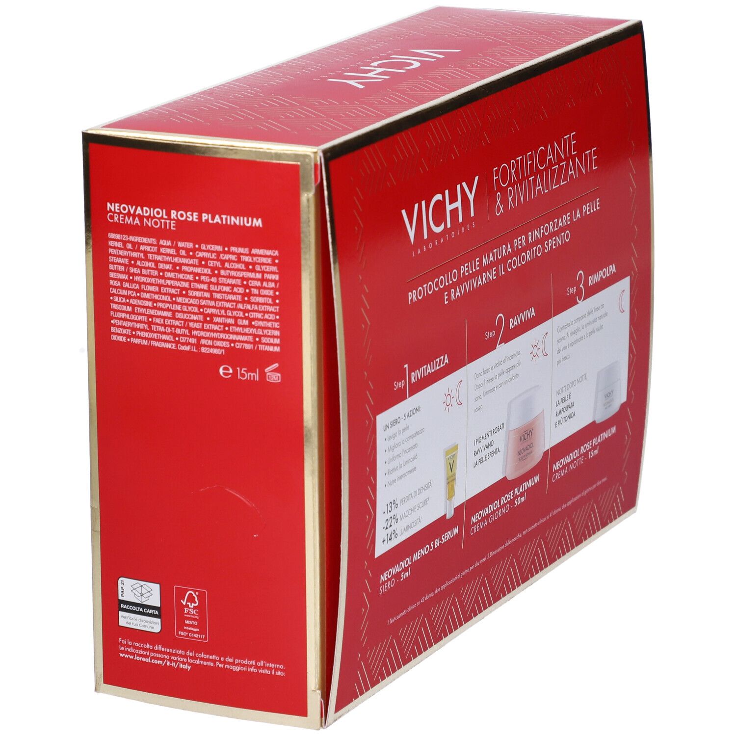 Retro della confezione regalo Vichy. Informazioni sui prodotti e ingredienti.