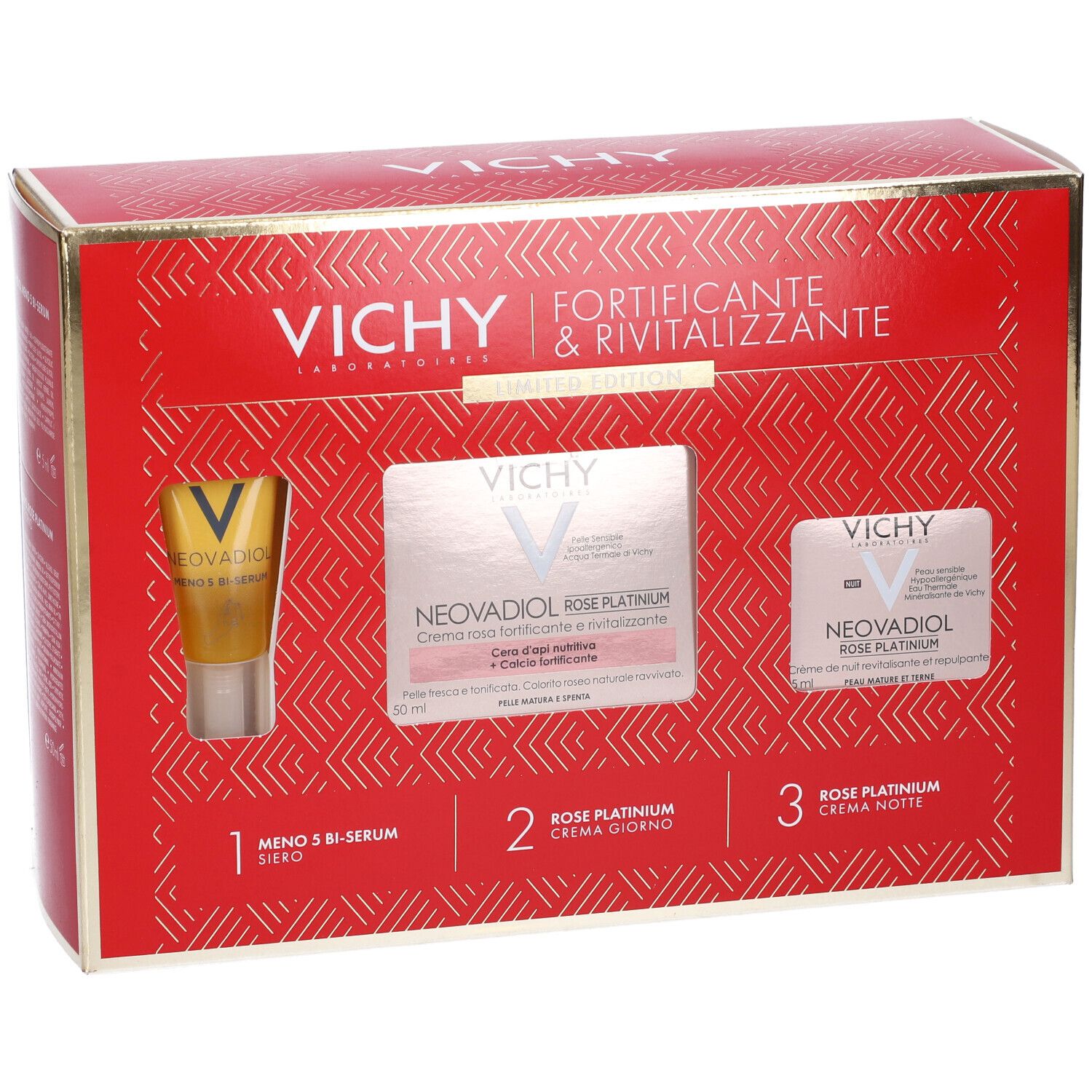 Confezione regalo rossa Vichy con siero, crema giorno e notte. Testo: Fortificante & Rivitalizzante.