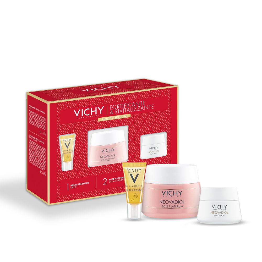 Confezione regalo rossa Vichy con siero, crema giorno e notte. Prodotti fuori dalla confezione. Scritta: Fortificante & Rivitalizzante.