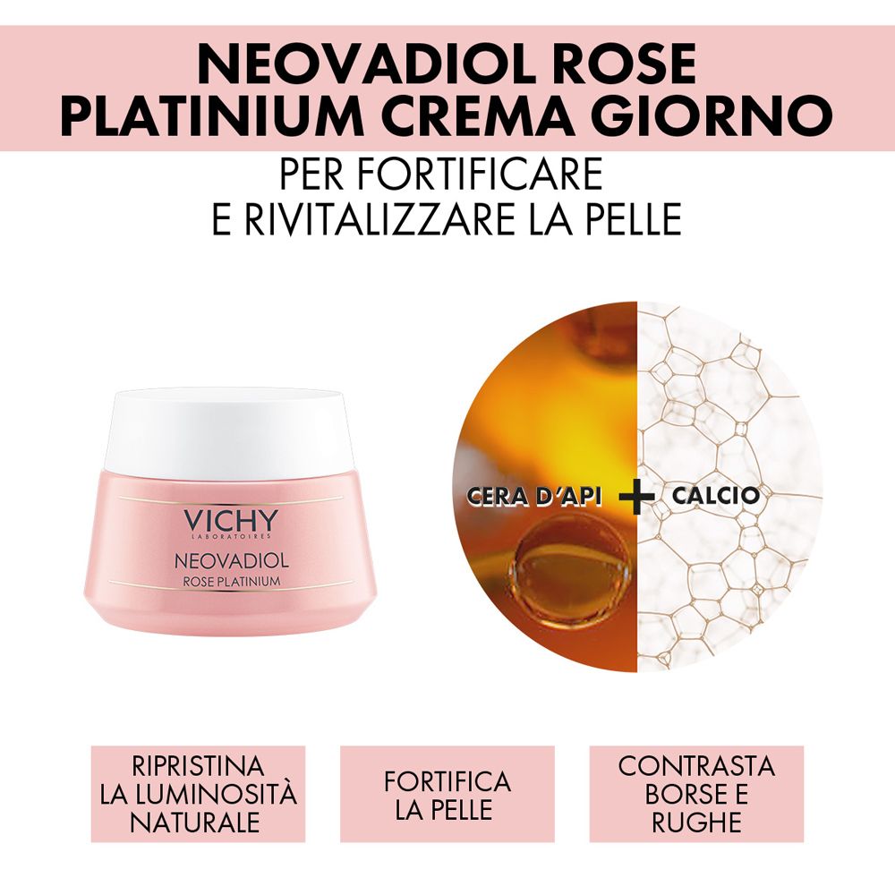 Vaso rosa di crema Vichy Neovadiol Rose Platinum. Accanto, illustrazione ingredienti e testo.