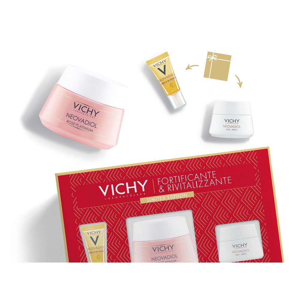 Prodotti Vichy: siero, crema giorno e notte. Prodotti e confezione regalo. Testo: Fortificante & Rivitalizzante.