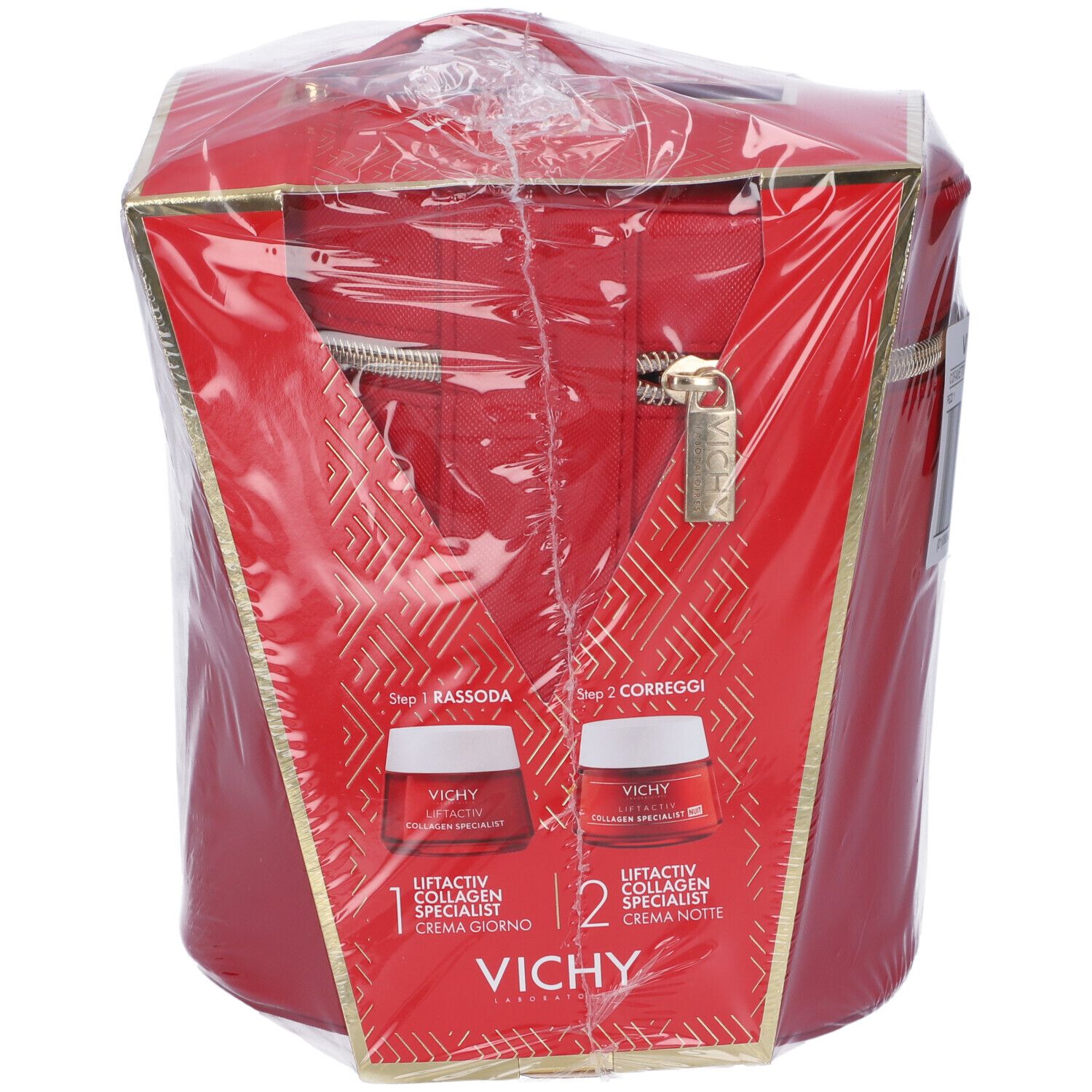 Borsetta rossa confezionata in pellicola. Scritta: Vichy Liftactiv Collagen Specialist. Due creme.