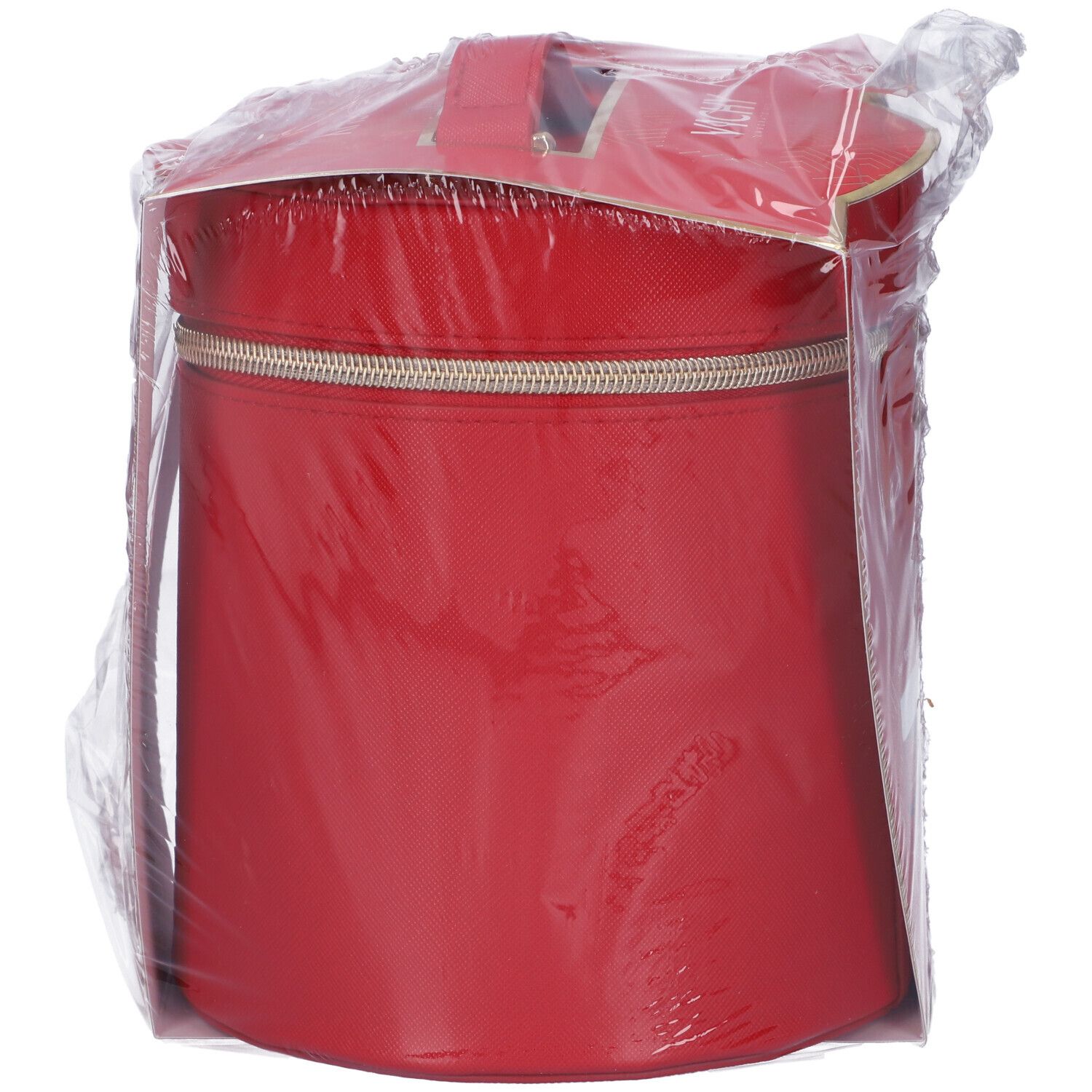 Borsetta rossa confezionata in pellicola. Cerniera e manico. Nessun prodotto visibile.