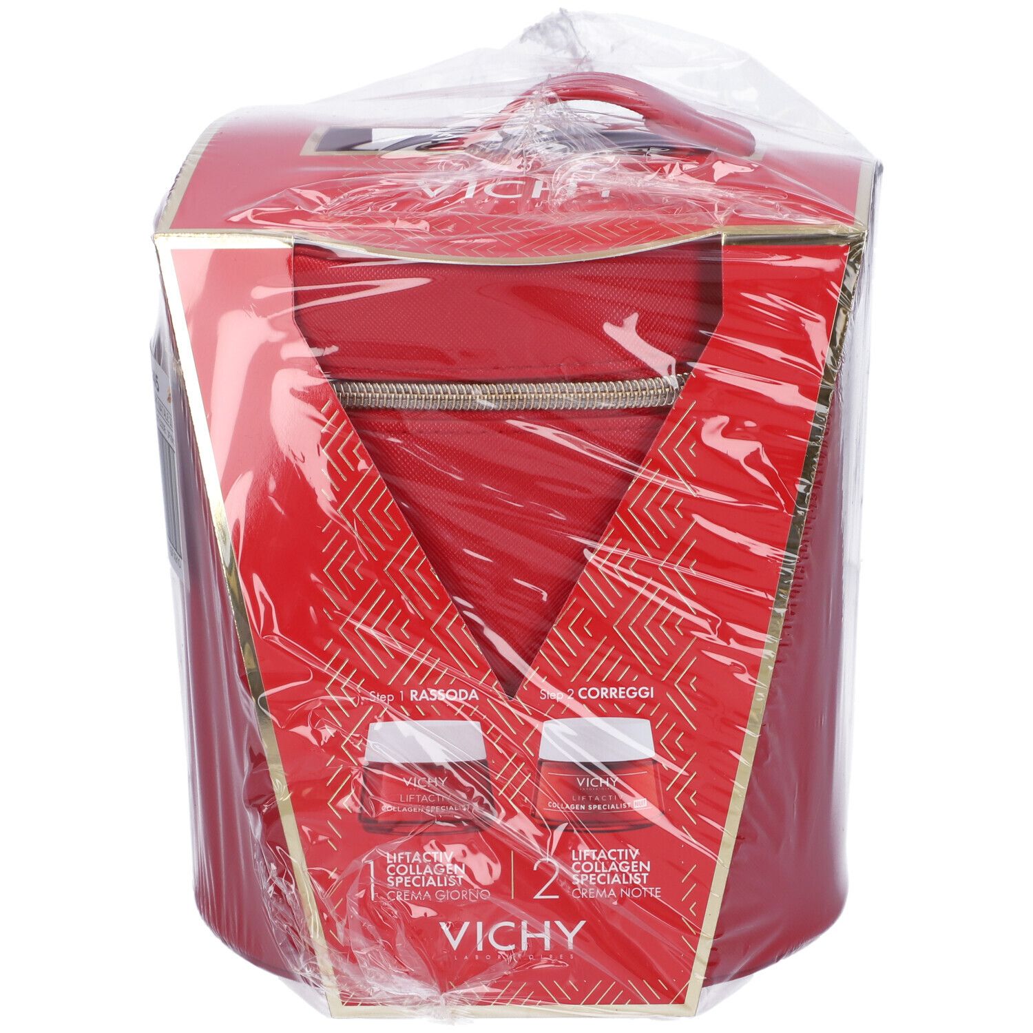 Borsetta rossa confezionata in pellicola. Scritta: Vichy Liftactiv Collagen Specialist. Due creme.