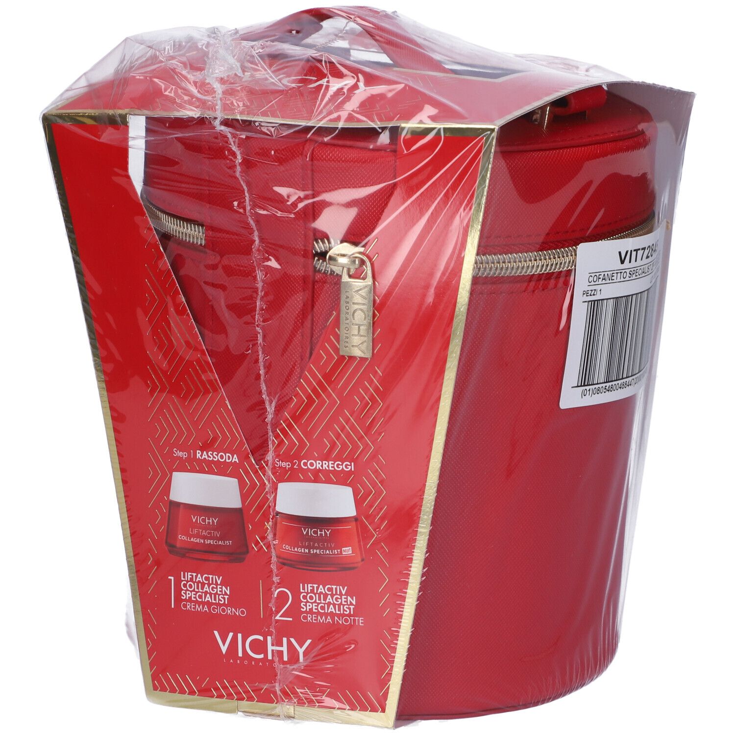 Borsetta rossa confezionata in pellicola. Scritta: Vichy Liftactiv Collagen Specialist. Due creme.