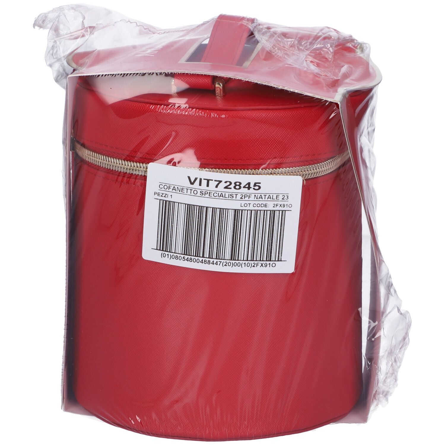 Borsetta rossa confezionata in pellicola. Scritta: Vichy. Etichetta con informazioni sul prodotto.