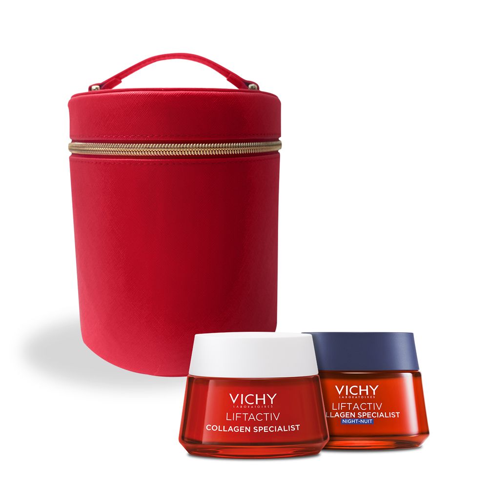 Borsetta rossa con due creme. Creme: Vichy Liftactiv Collagen Specialist. Crema giorno e notte.