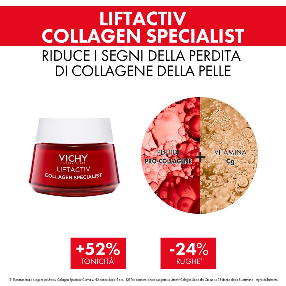 Cartello pubblicitario con Vichy Liftactiv Collagen Specialist. Testo: Riduce i segni della perdita di collagene. Grafica con ingredienti.