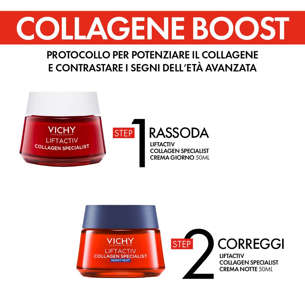 Cartello pubblicitario con Vichy Liftactiv Collagen Specialist. Testo: Collagen Boost. Due creme: giorno e notte. 50ml.