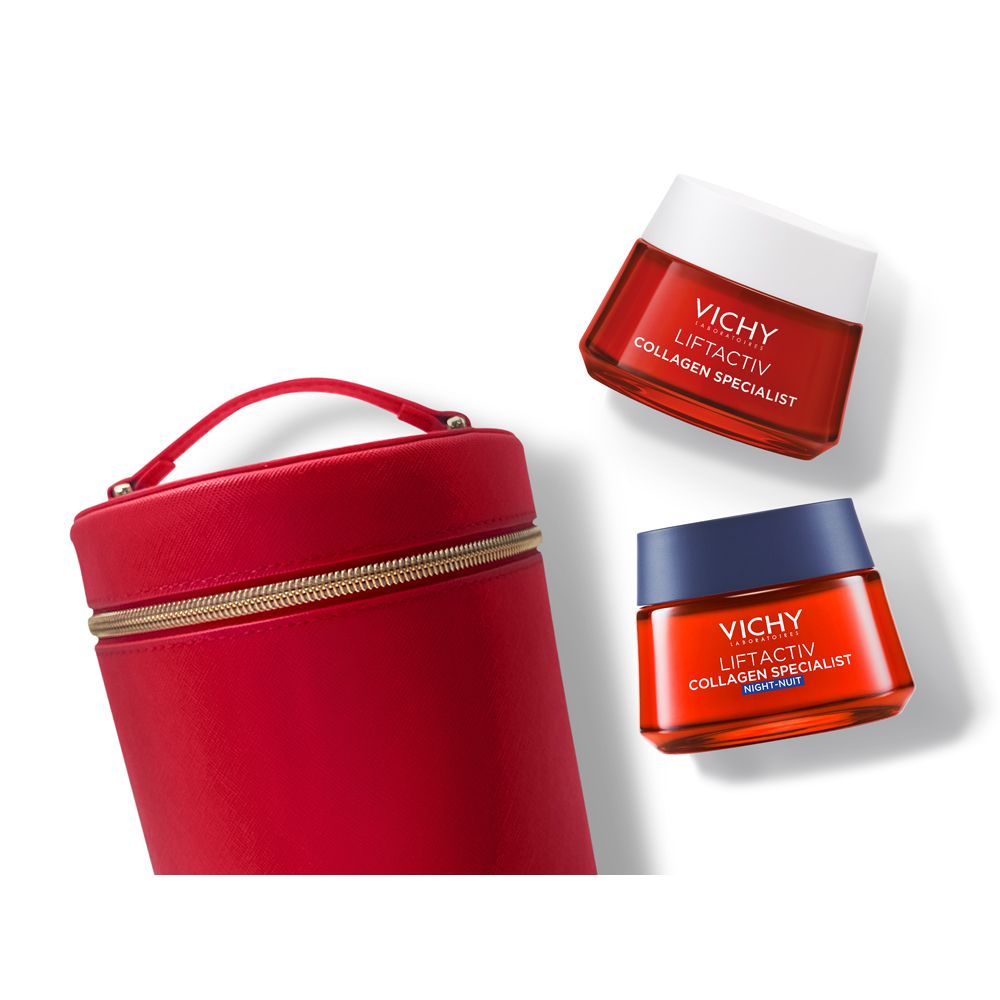 Borsetta rossa con due creme. Creme: Vichy Liftactiv Collagen Specialist. Crema giorno e notte.