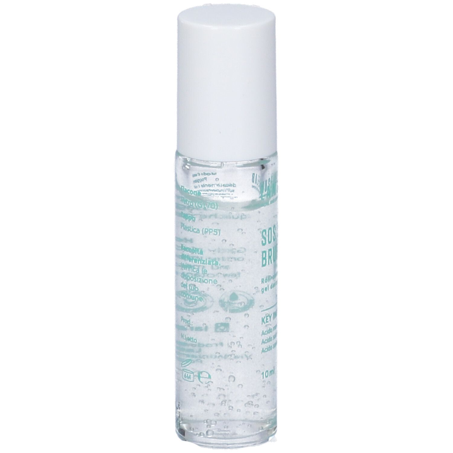 Flacone roll-on trasparente con tappo bianco. Retro con testo e loghi.