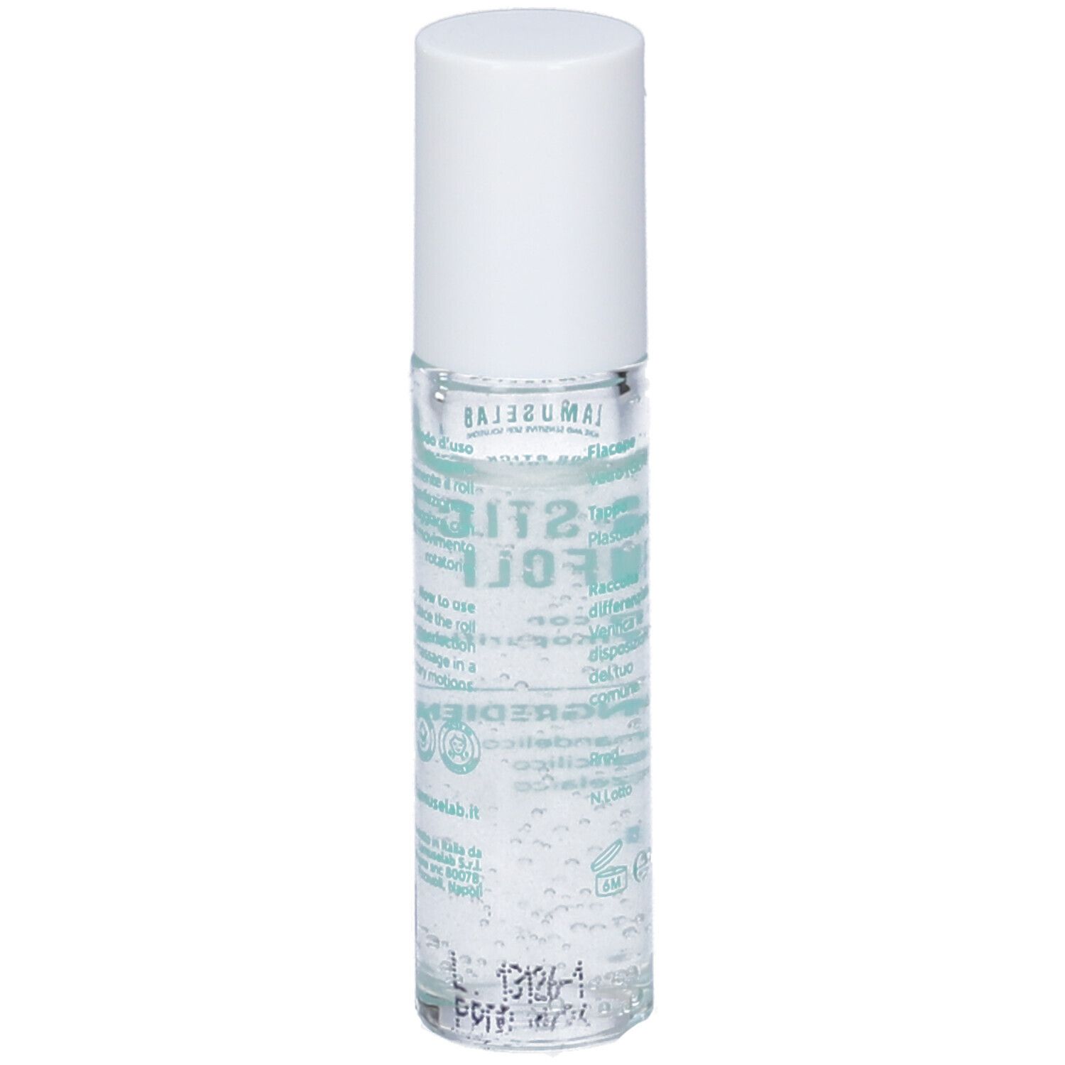 Flacone roll-on trasparente con tappo bianco. Retro con testo.