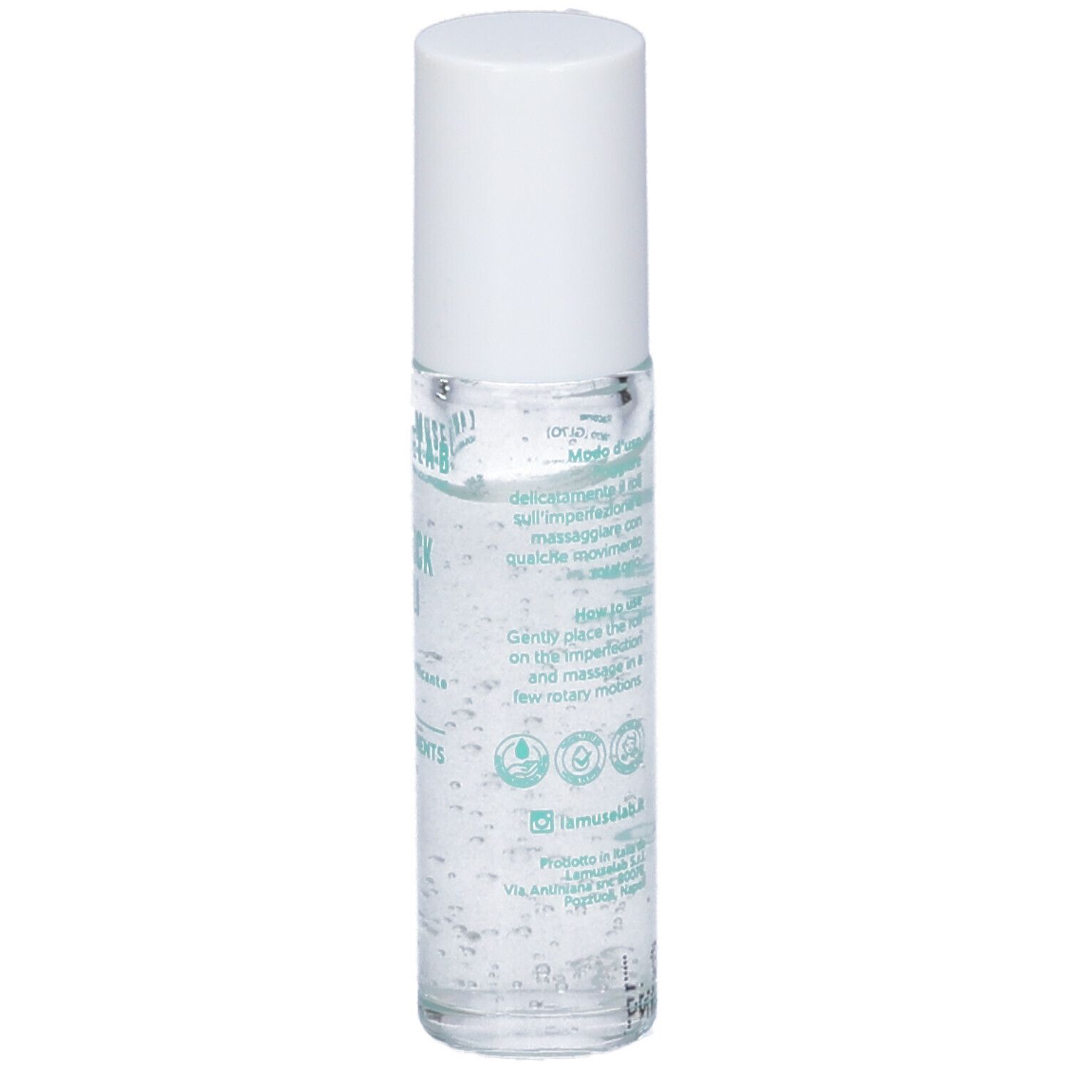 Flacone roll-on trasparente con tappo bianco. Retro con testo e loghi.