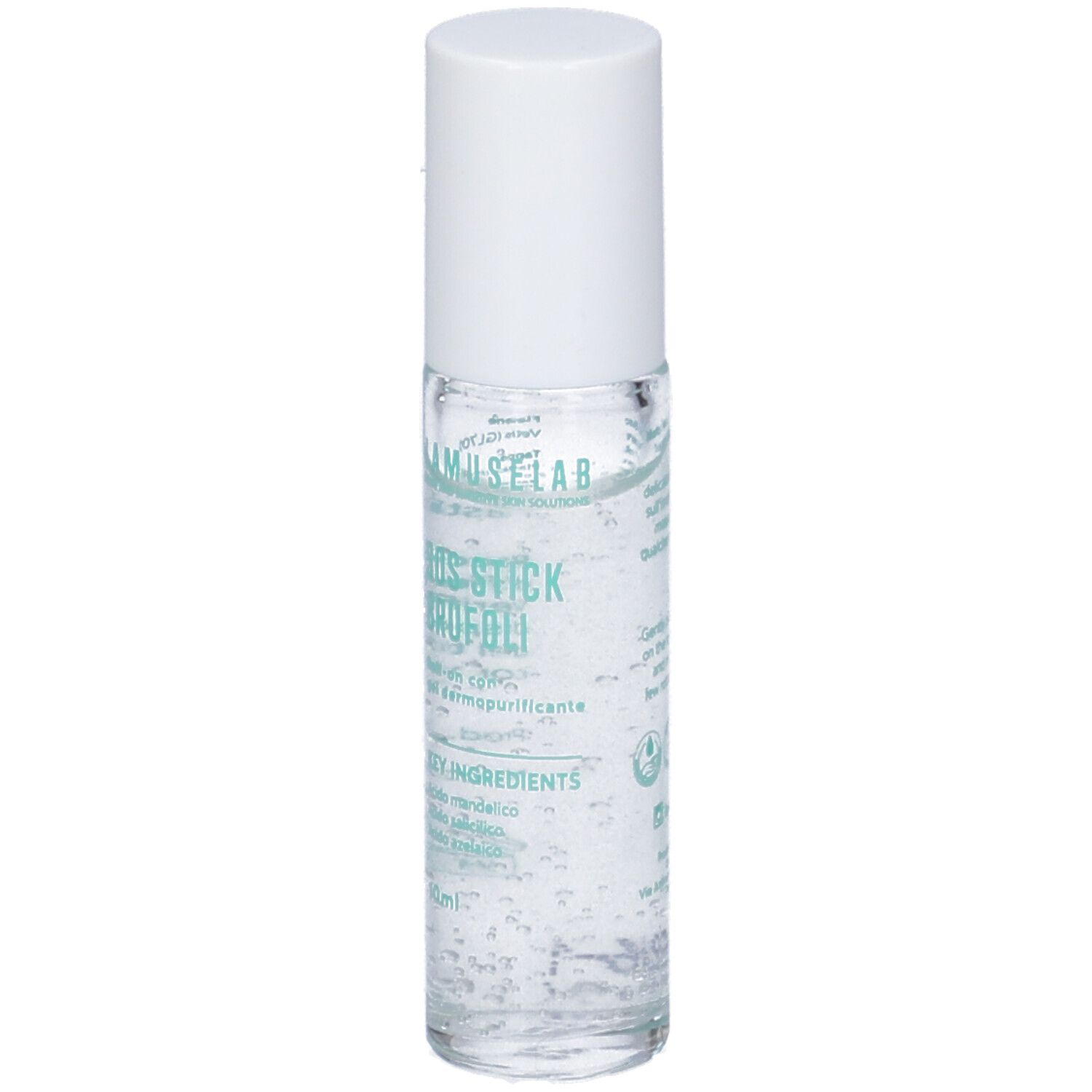 Flacone roll-on trasparente con tappo bianco. Scritte: SOS-Stick Brufoli, Key Ingredients, 10ml.