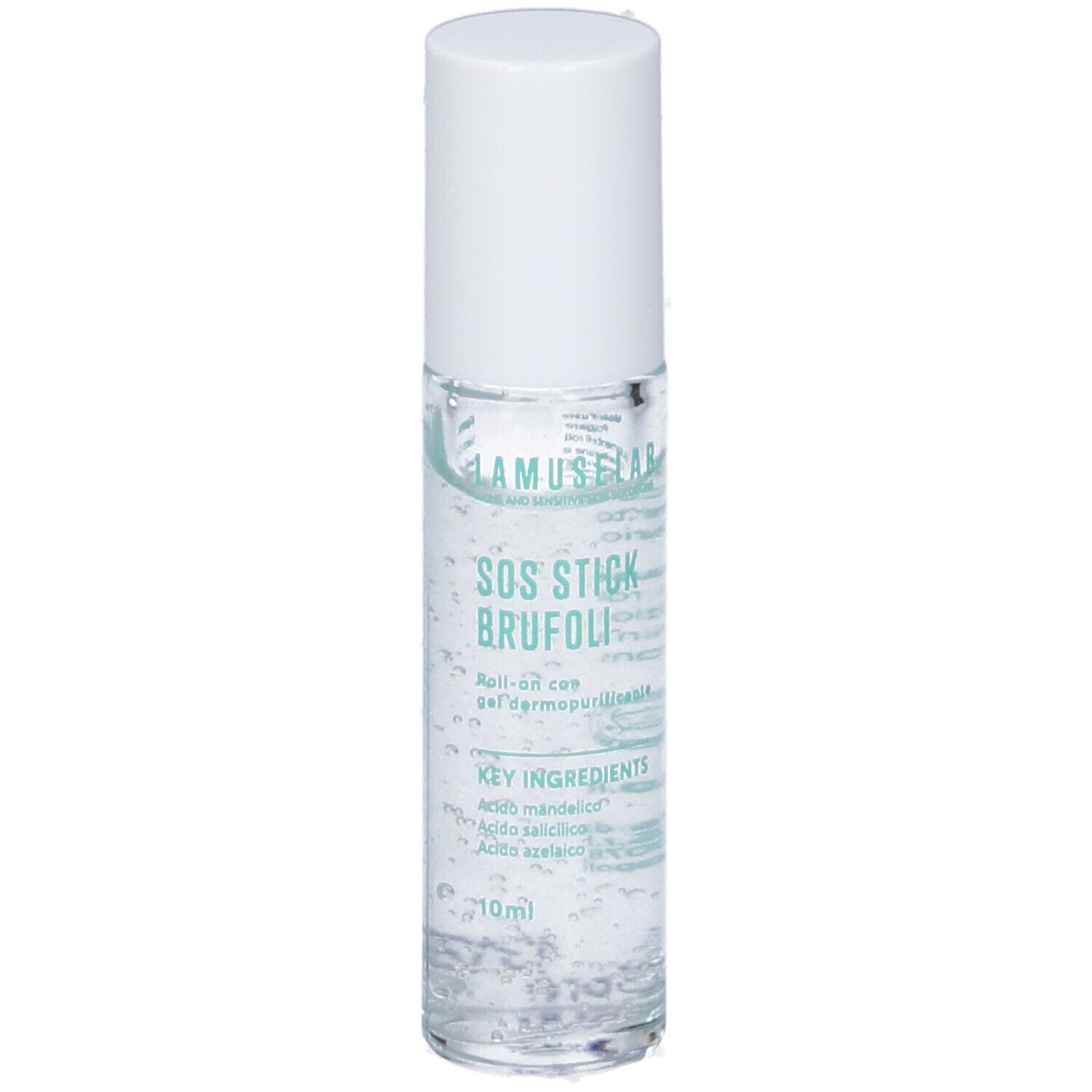 Flacone roll-on trasparente con tappo bianco. Scritte: SOS-Stick Brufoli, Key Ingredients, 10ml.
