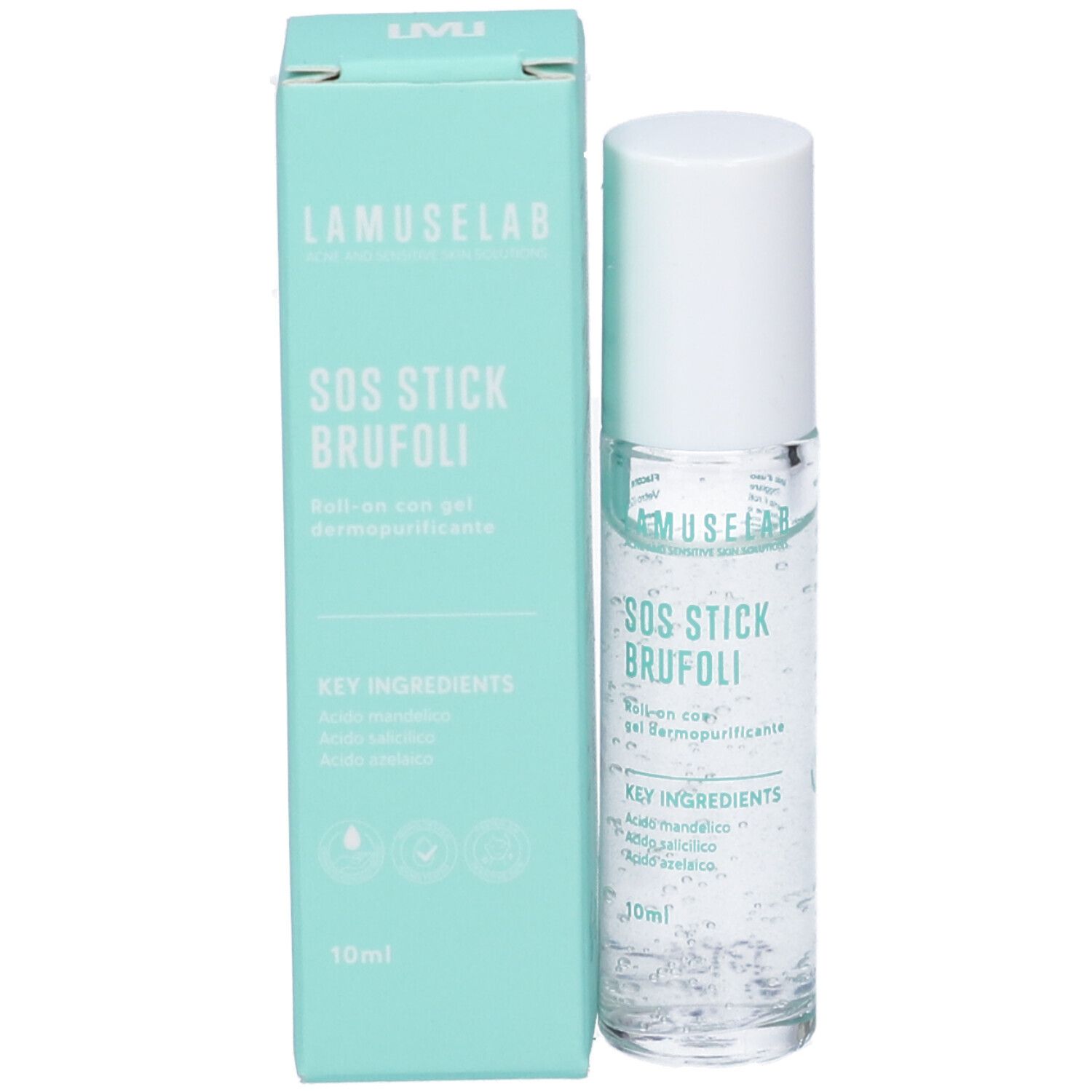 Roll-on gel e confezione. Confezione: verde chiaro con nome prodotto e logo. Roll-on: trasparente con tappo bianco.