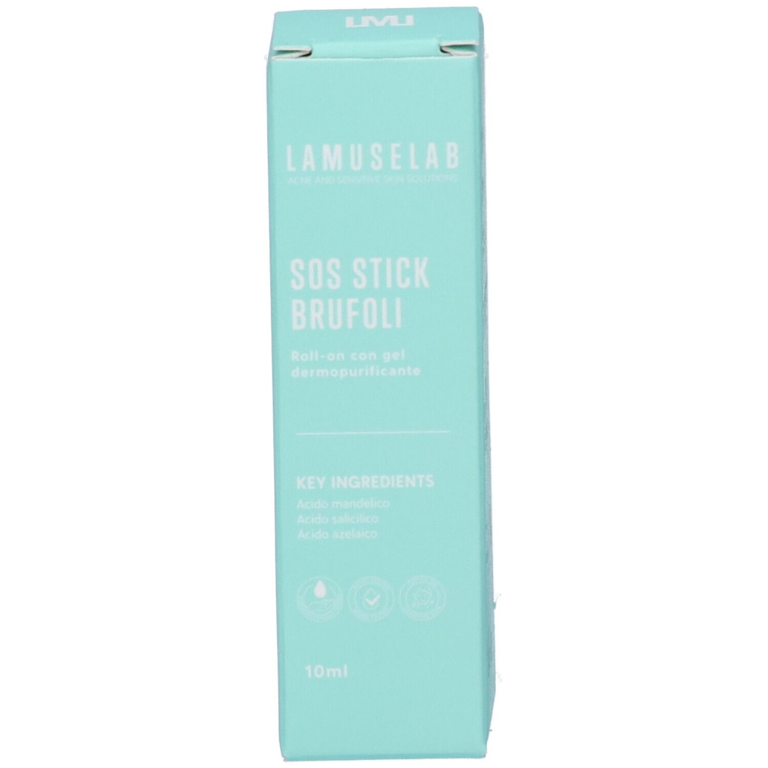 Confezione verde chiaro con nome prodotto, logo e testo. Contiene un flacone roll-on gel.