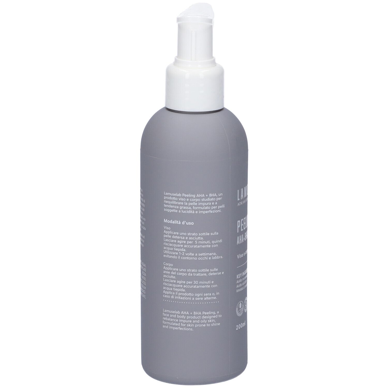 Flacone grigio con dosatore bianco. Testo in italiano. Scritte: PEELING AHA-BHA, Viso e corpo. 200ml.