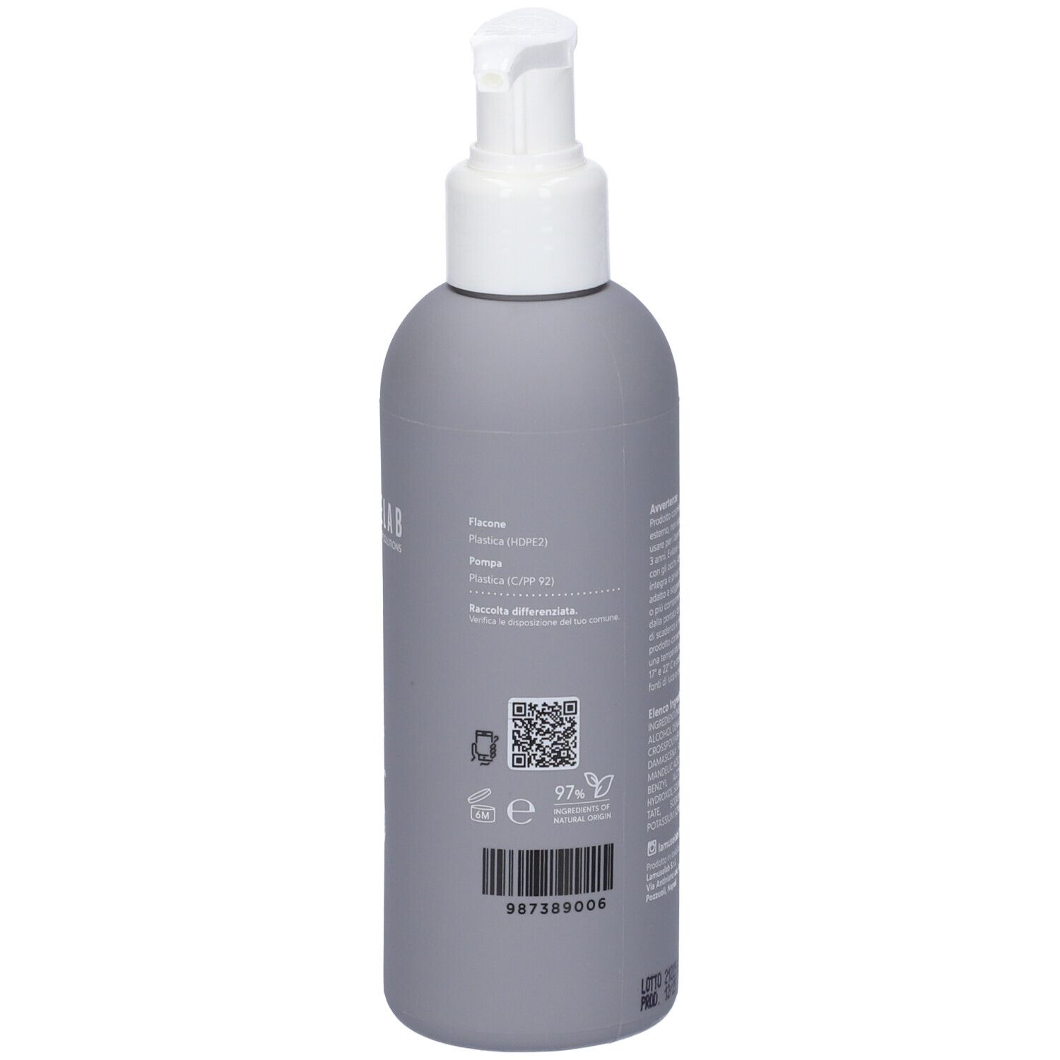 Flacone grigio con dosatore bianco. Scritte: LAMUSELAB, PEELING AHA-BHA, Viso e corpo. 200ml.