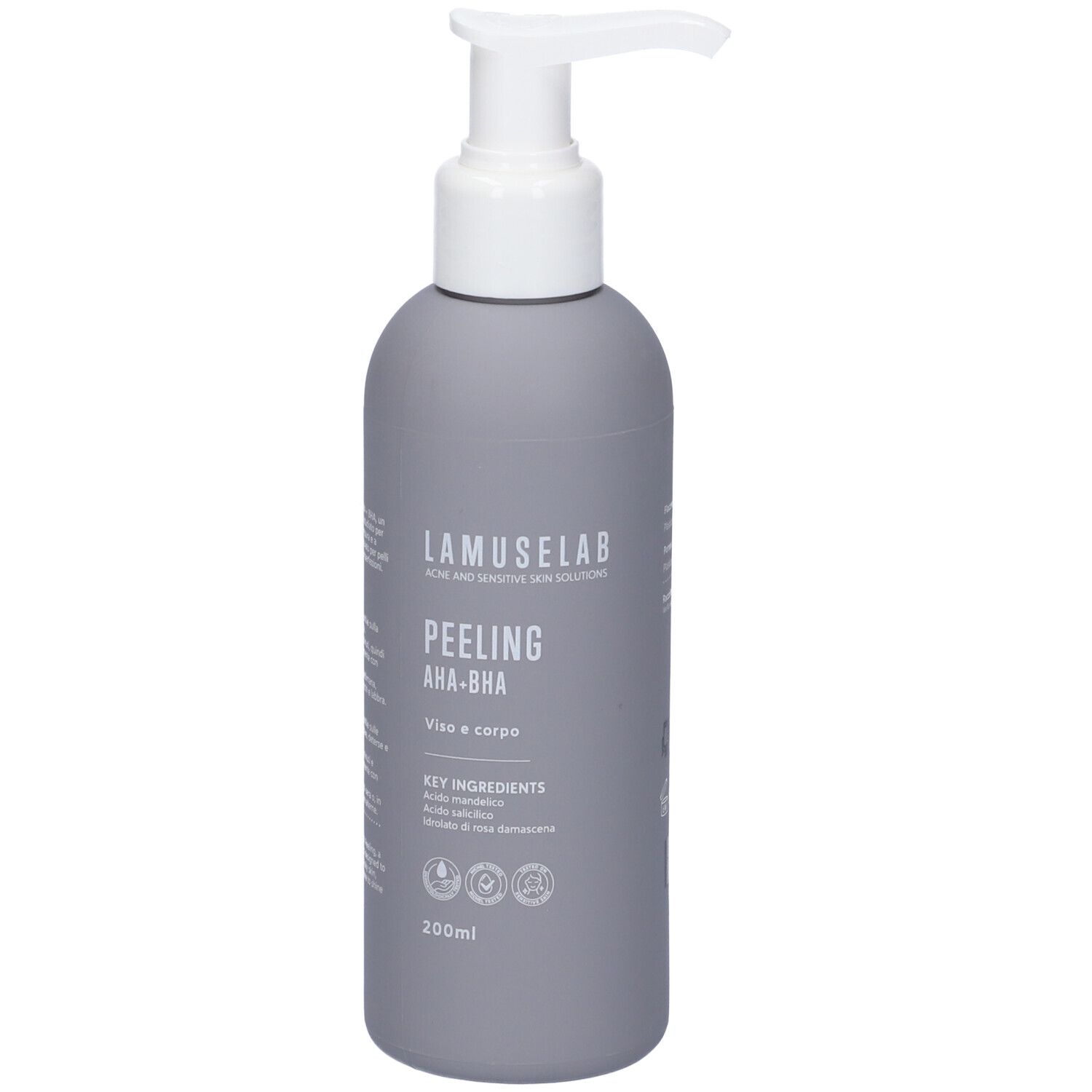 Flacone grigio con dosatore bianco. Scritte: LAMUSELAB, PEELING AHA-BHA, Viso e corpo. 200ml.