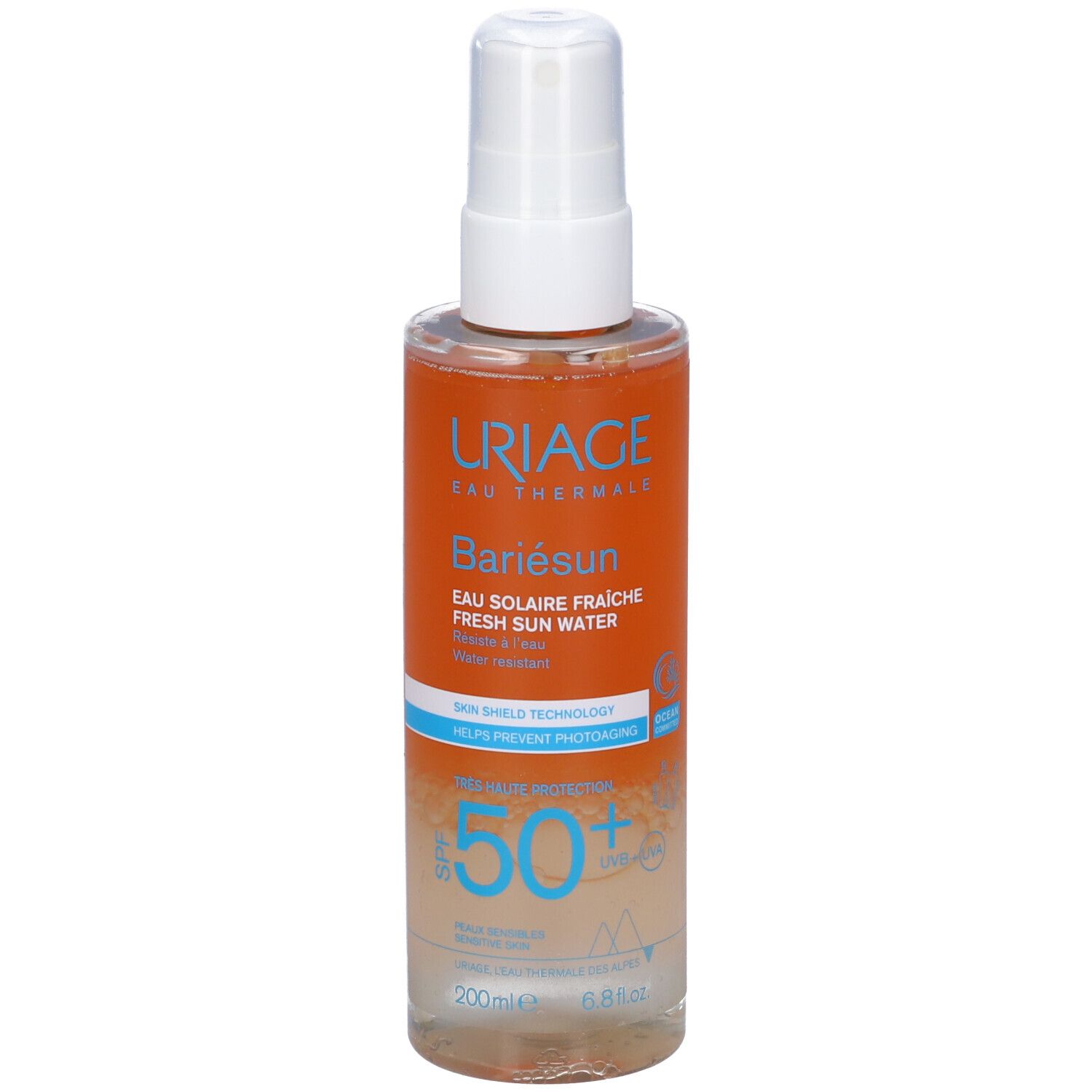 Uriage Bariésun Eau Solaire SPF 50+ Spray. Flacone trasparente con erogatore spray. Etichetta arancione.