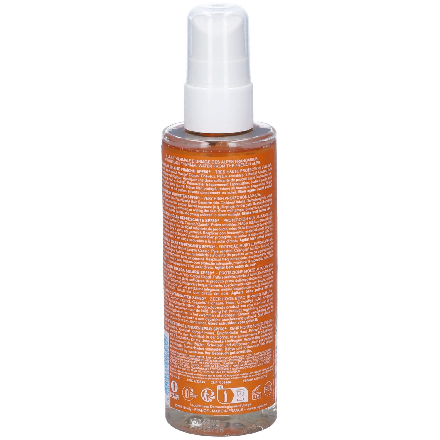 Retro del flacone spray Uriage Bariésun. Testo e informazioni sull'etichetta.
