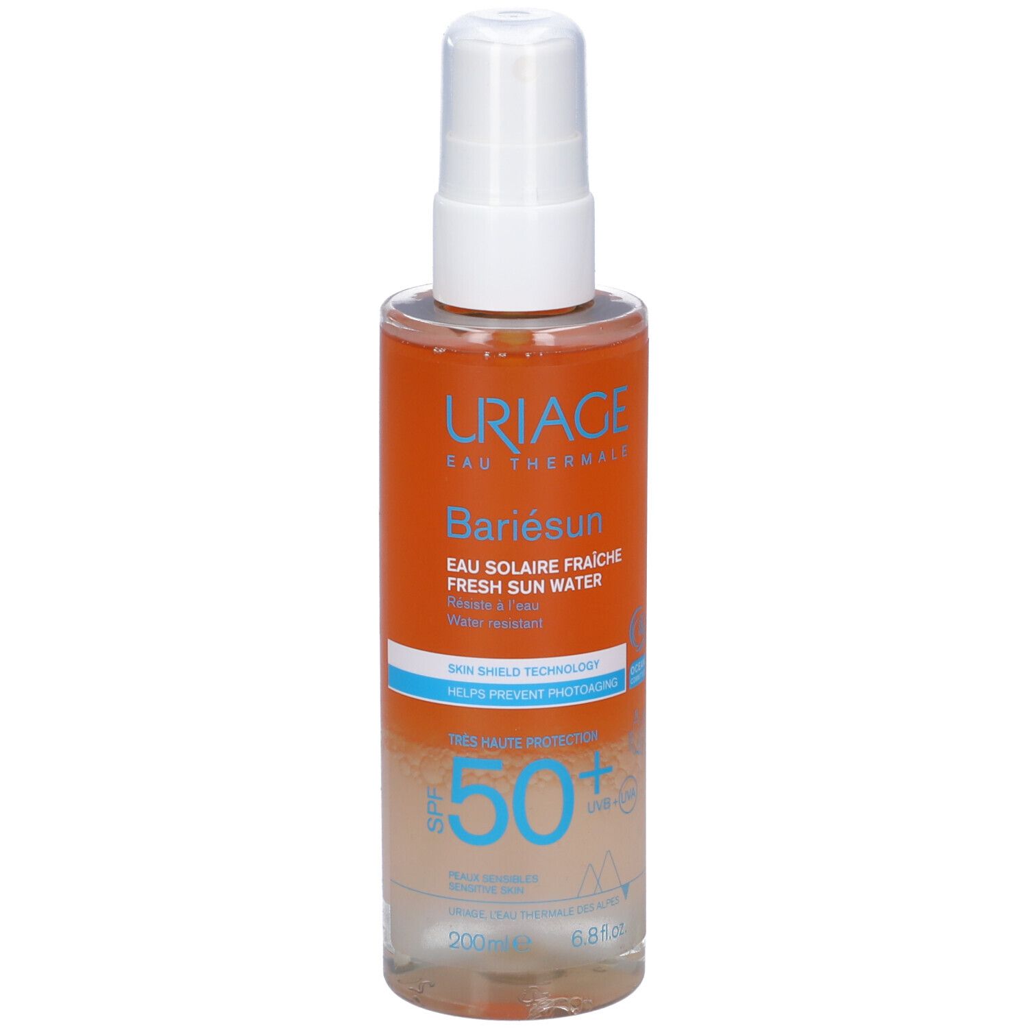 Uriage Bariésun Eau Solaire SPF 50+ Spray. Flacone trasparente con erogatore spray. Etichetta arancione.