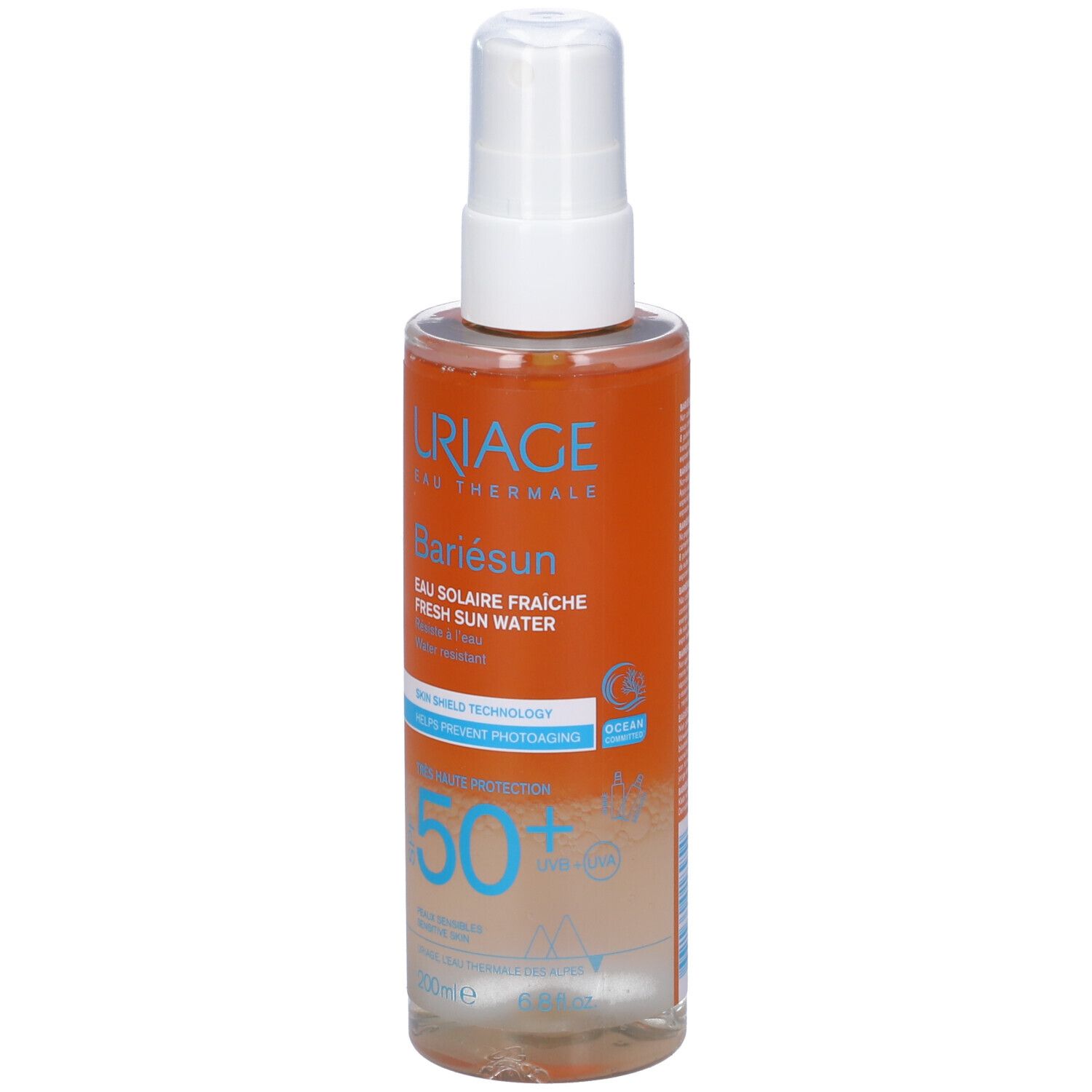Uriage Bariésun Eau Solaire SPF 50+ Spray. Flacone trasparente con erogatore spray. Etichetta arancione.