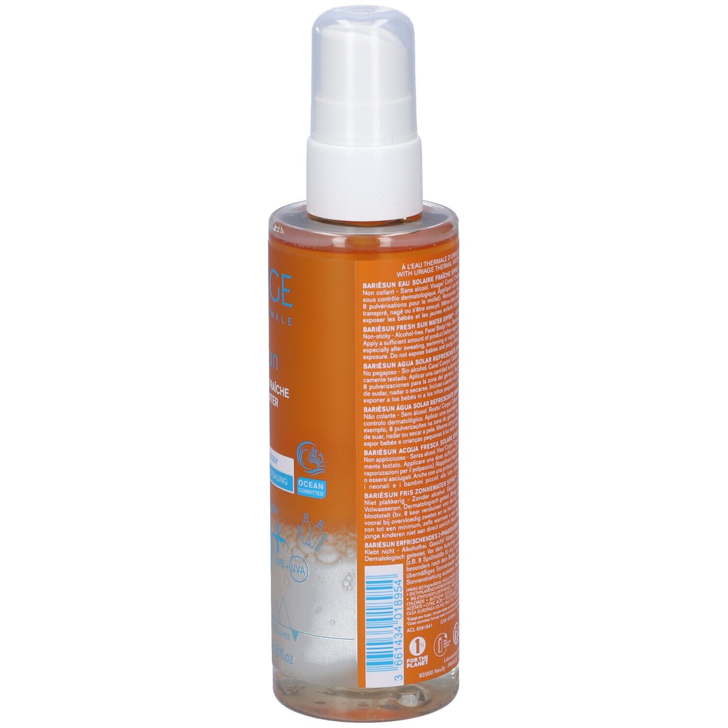Retro del flacone spray Uriage Bariésun. Testo e informazioni sull'etichetta.