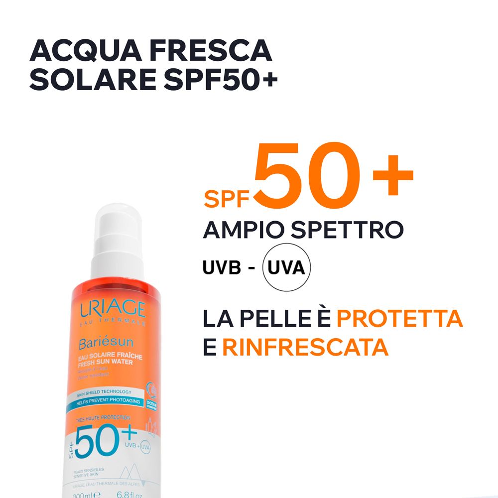 Uriage Bariésun SPF 50+ Spray. Testo e grafica con SPF 50+ e protezione UVA/UVB. Sfondo bianco.