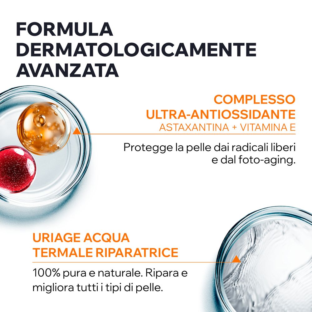 Primo piano sugli ingredienti. Testo: Complesso ultra-antiossidante, Acqua Termale Uriage. Liquidi chiari.