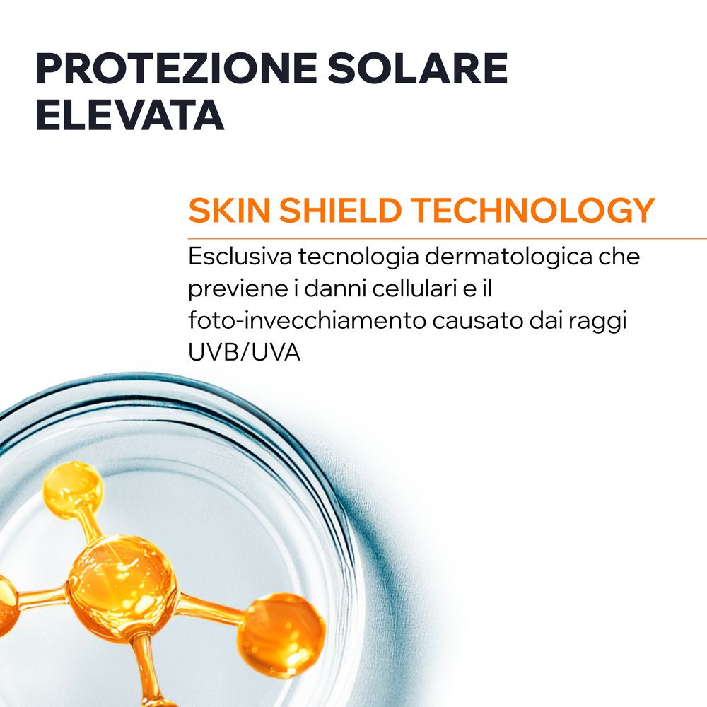 Grafica con Skin Shield Technology. Testo: Tecnologia dermatologica che previene i danni cellulari e il foto-invecchiamento.