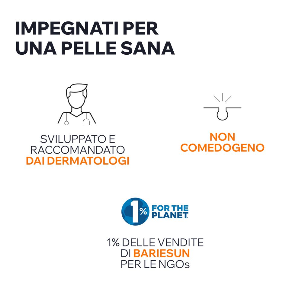 Grafici: Raccomandato dai dermatologi, non comedogeno, 1% delle vendite per le ONG.