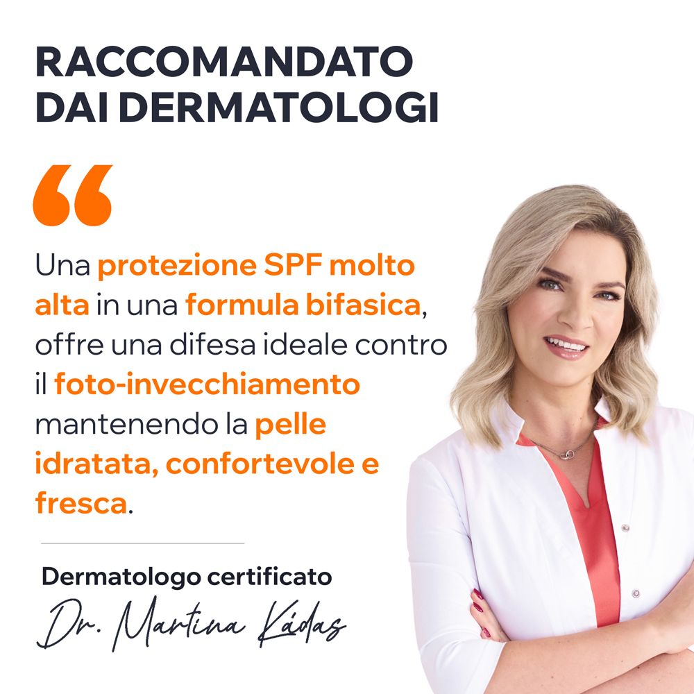 Dermatologa certificata raccomanda Uriage Bariésun. Testo: SPF alto, formula bifasica, idrata.