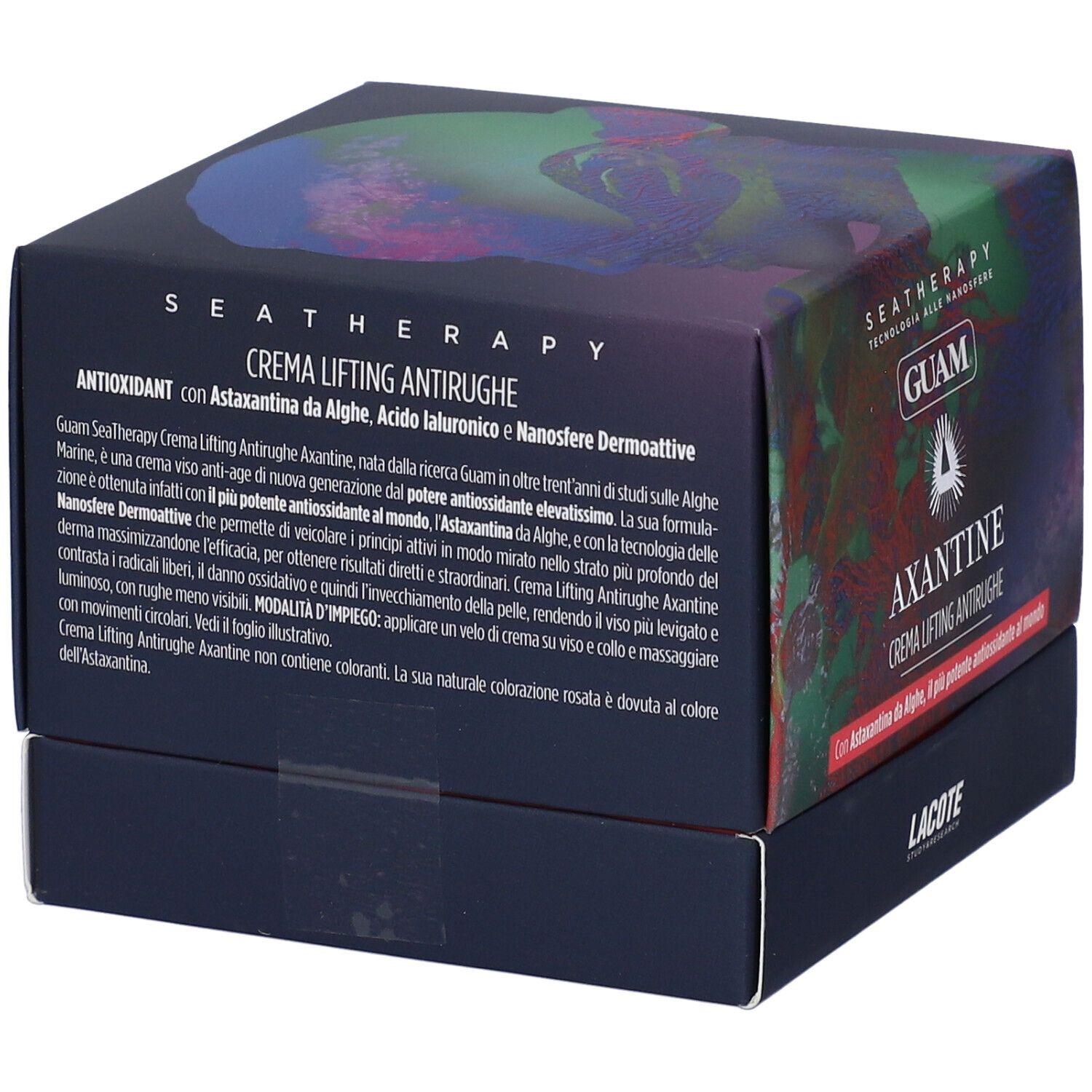 Scatola blu scuro con testo. Nome prodotto: CREMA LIFTING ANTIRUGHE. Marchio GUAM. Testo su ingredienti e utilizzo.