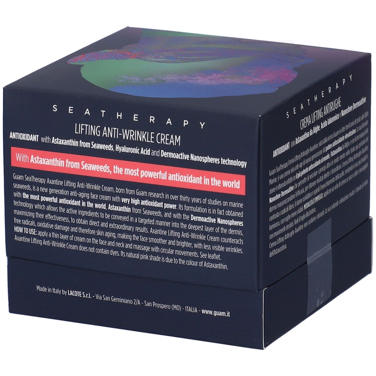 Scatola blu scuro con testo. Nome prodotto: LIFTING ANTI-WRINKLE CREAM. Marchio GUAM. Testo su ingredienti e utilizzo.