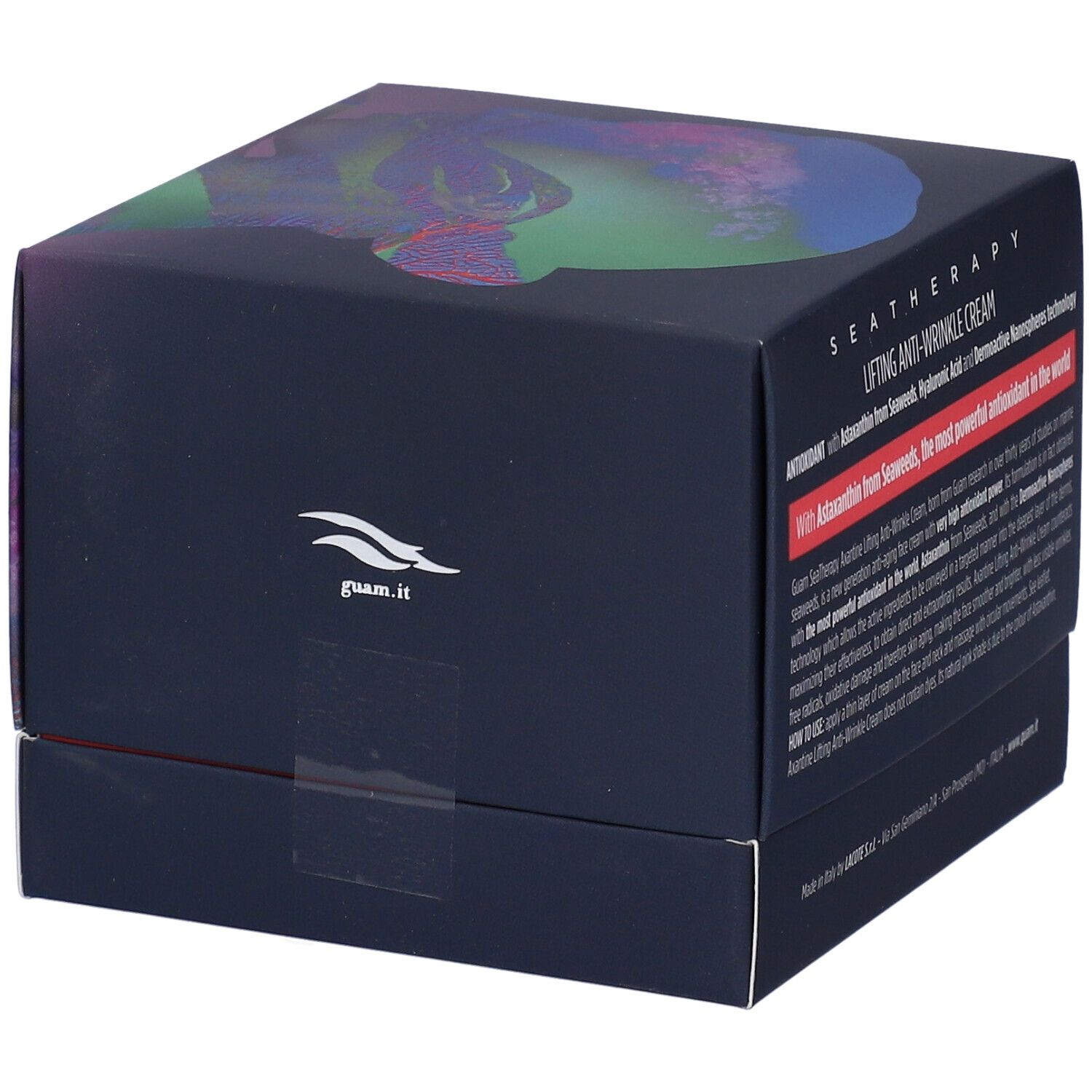 Scatola blu scuro con testo. Marchio GUAM. Testo: guam.it. Nome prodotto non visibile.