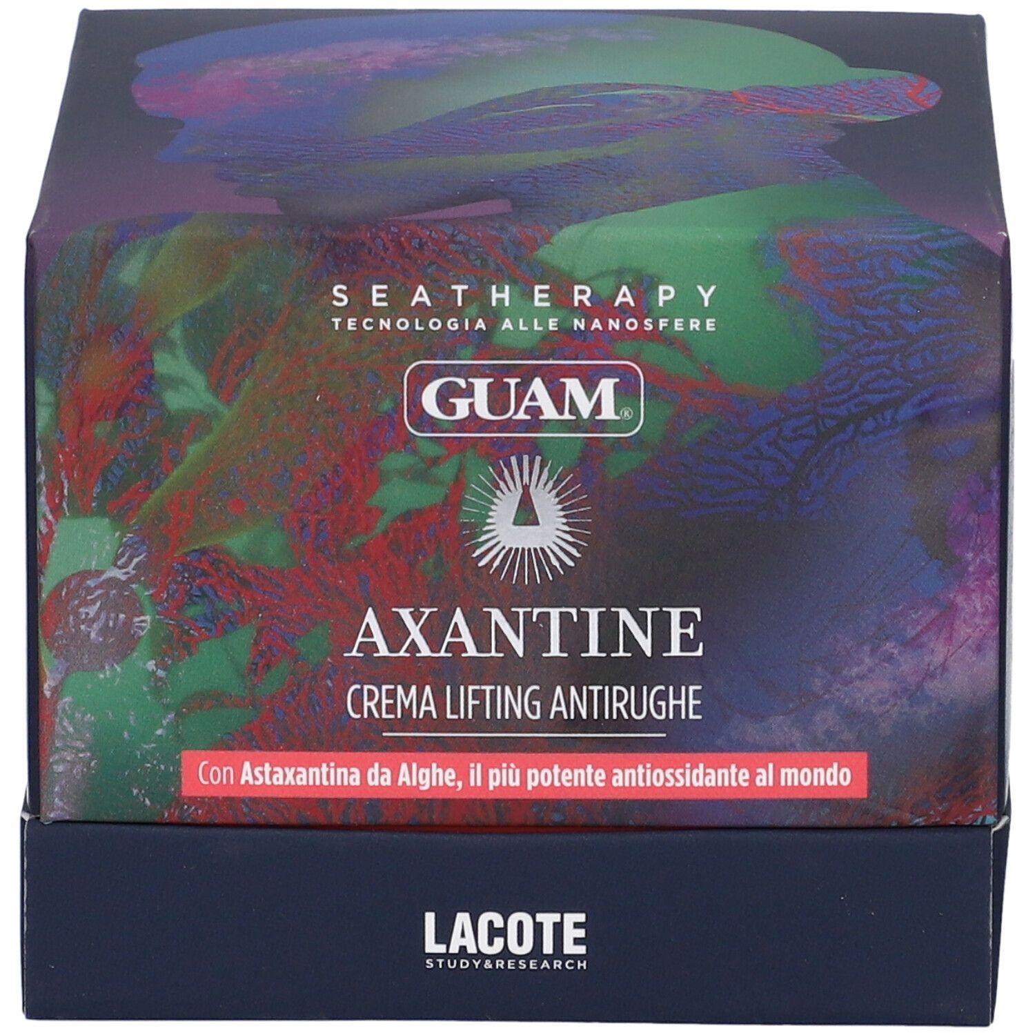Scatola blu scuro con AXANTINE CREMA LIFTING ANTIRUGHE. Marchio GUAM. Testo: Con Astaxantina da Alghe, il più potente antiossidante.