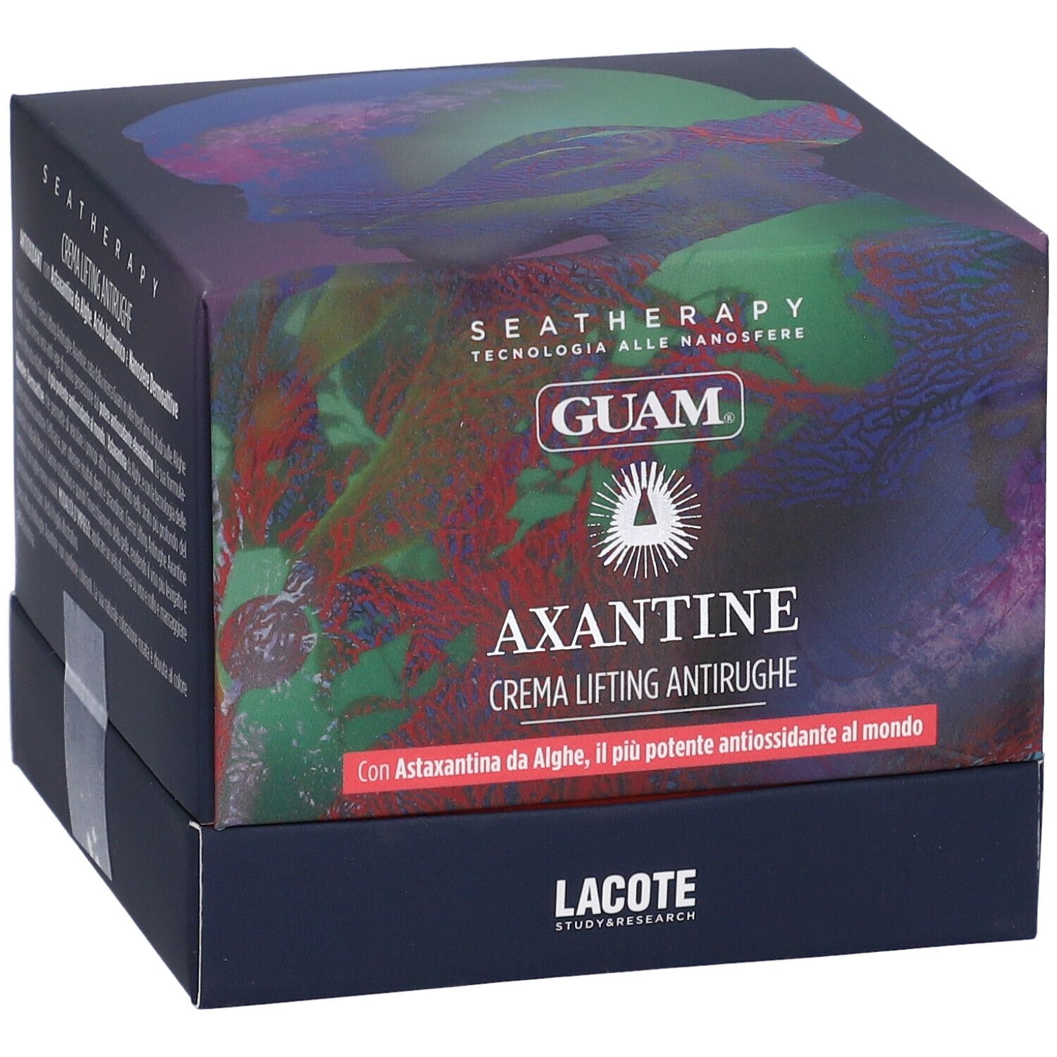Scatola blu scuro con AXANTINE CREMA LIFTING ANTIRUGHE. Marchio GUAM. Testo: Con Astaxantina da Alghe, il più potente antiossidante.