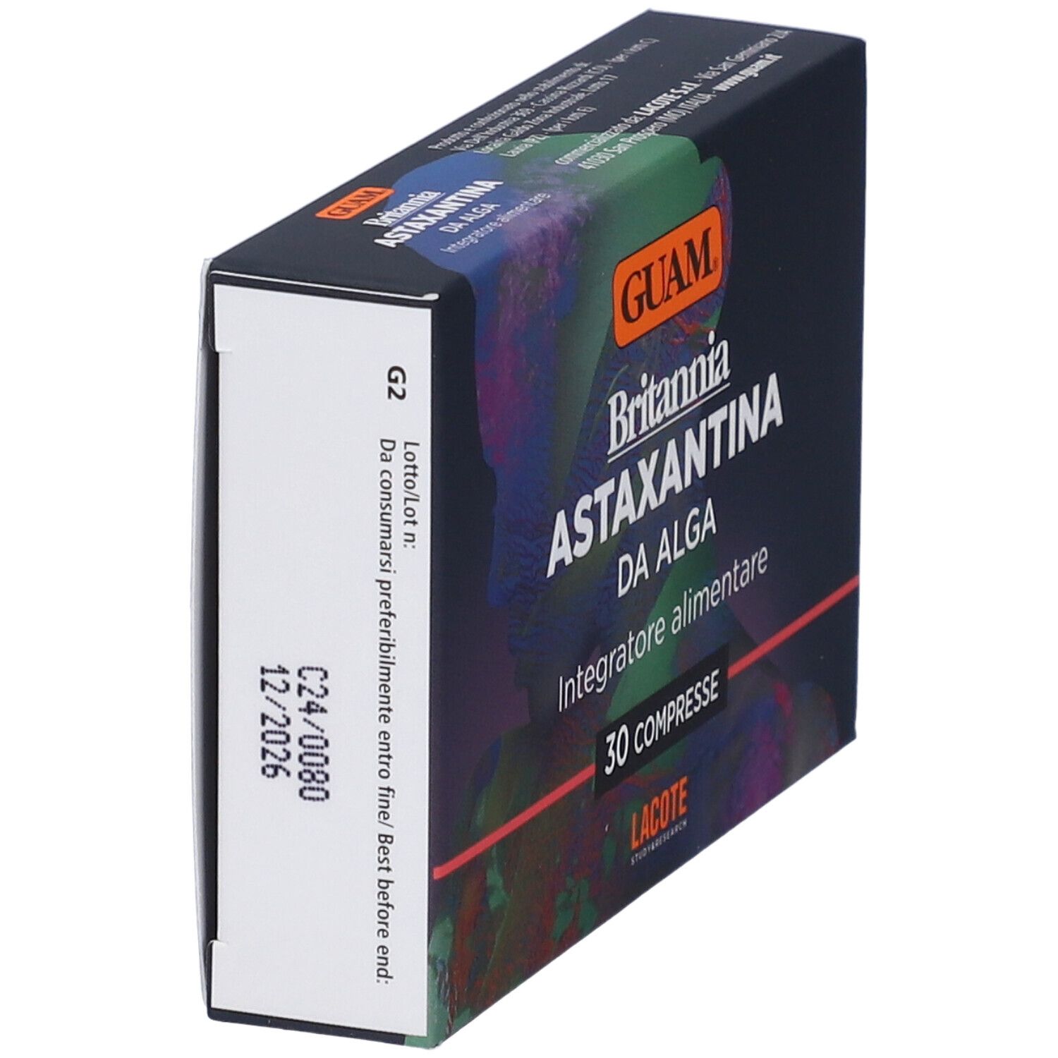 Scatola, vista laterale. Nome prodotto Britannia Astaxantina da Alga. 30 compresse. Logo GUAM.