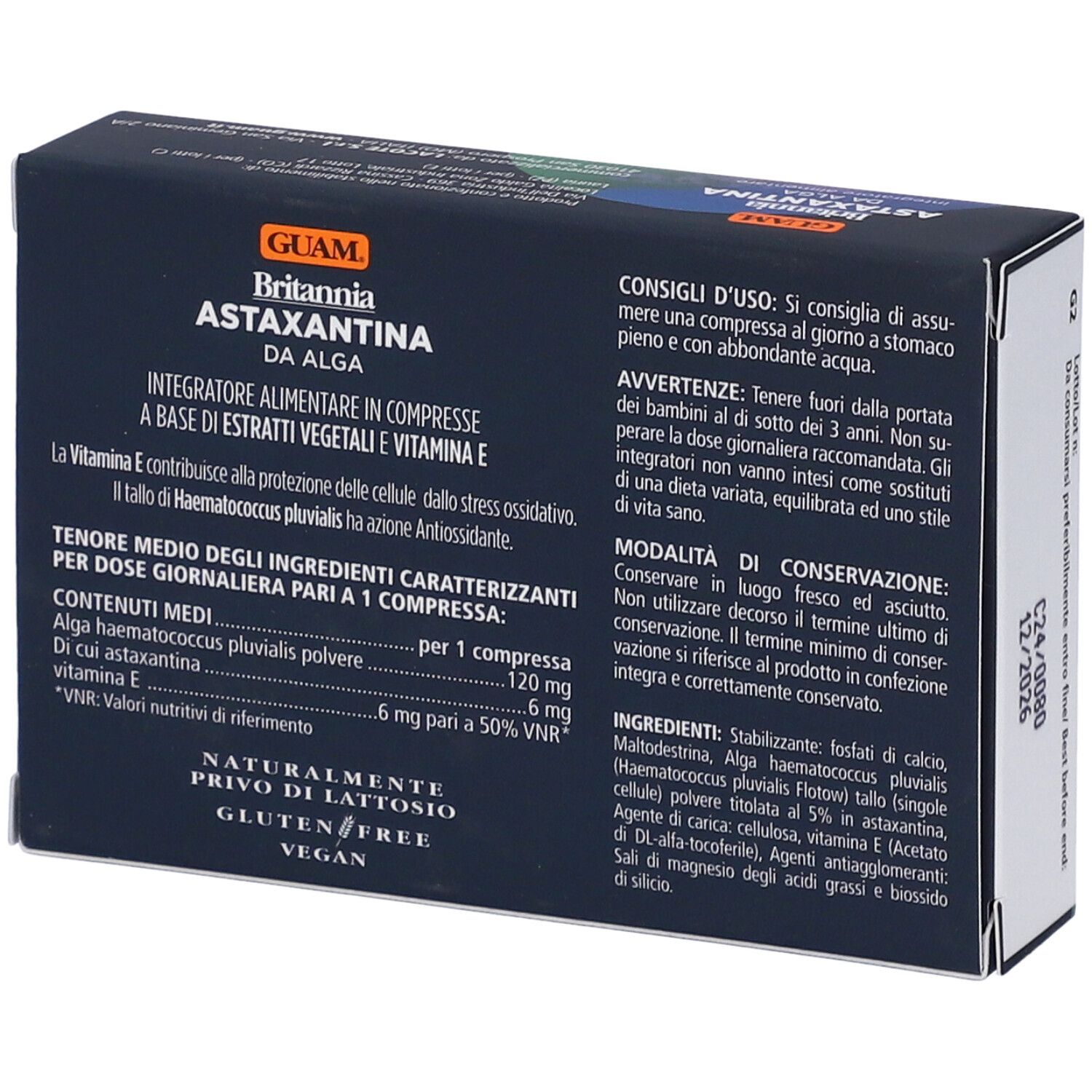 Retro della scatola. Nome prodotto Britannia Astaxantina da Alga. Ingredienti e istruzioni per l'uso.